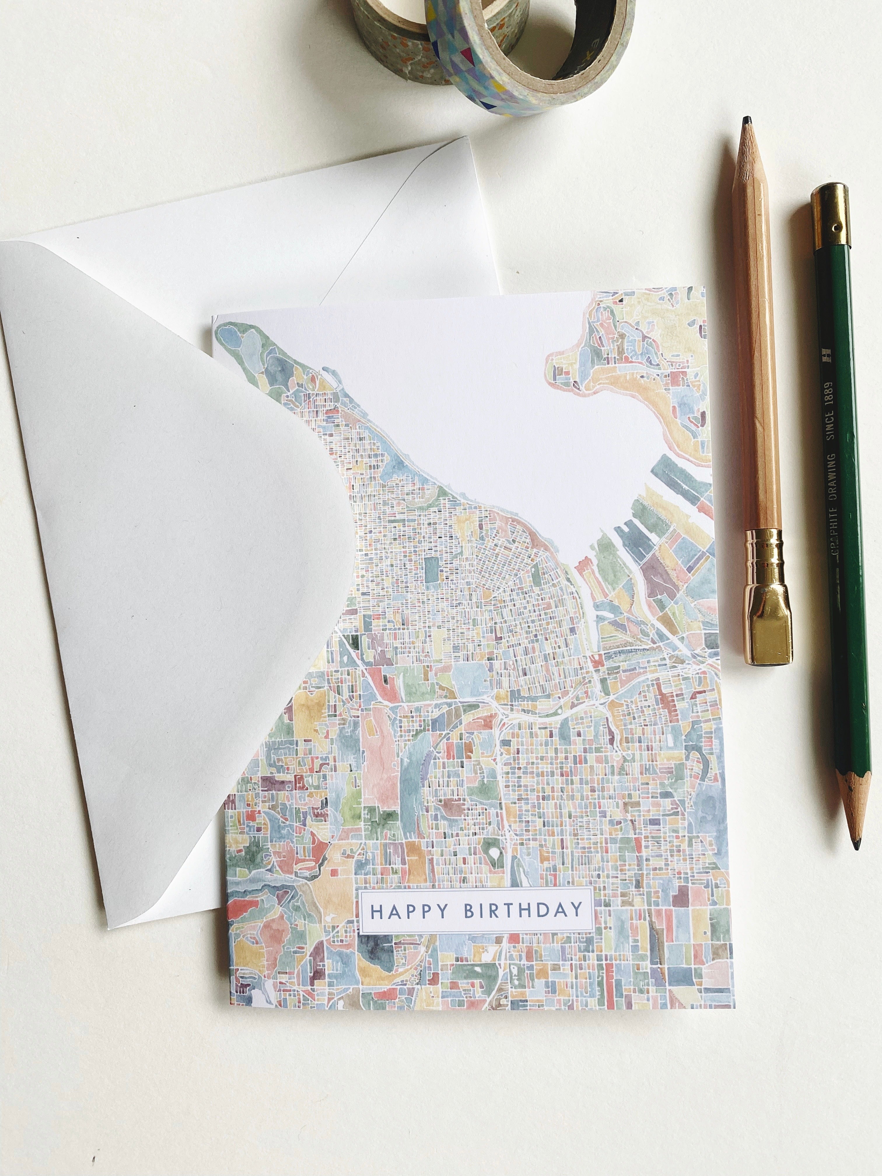 ColorFULL TACOMA Washington Watercolor Map - birthday card