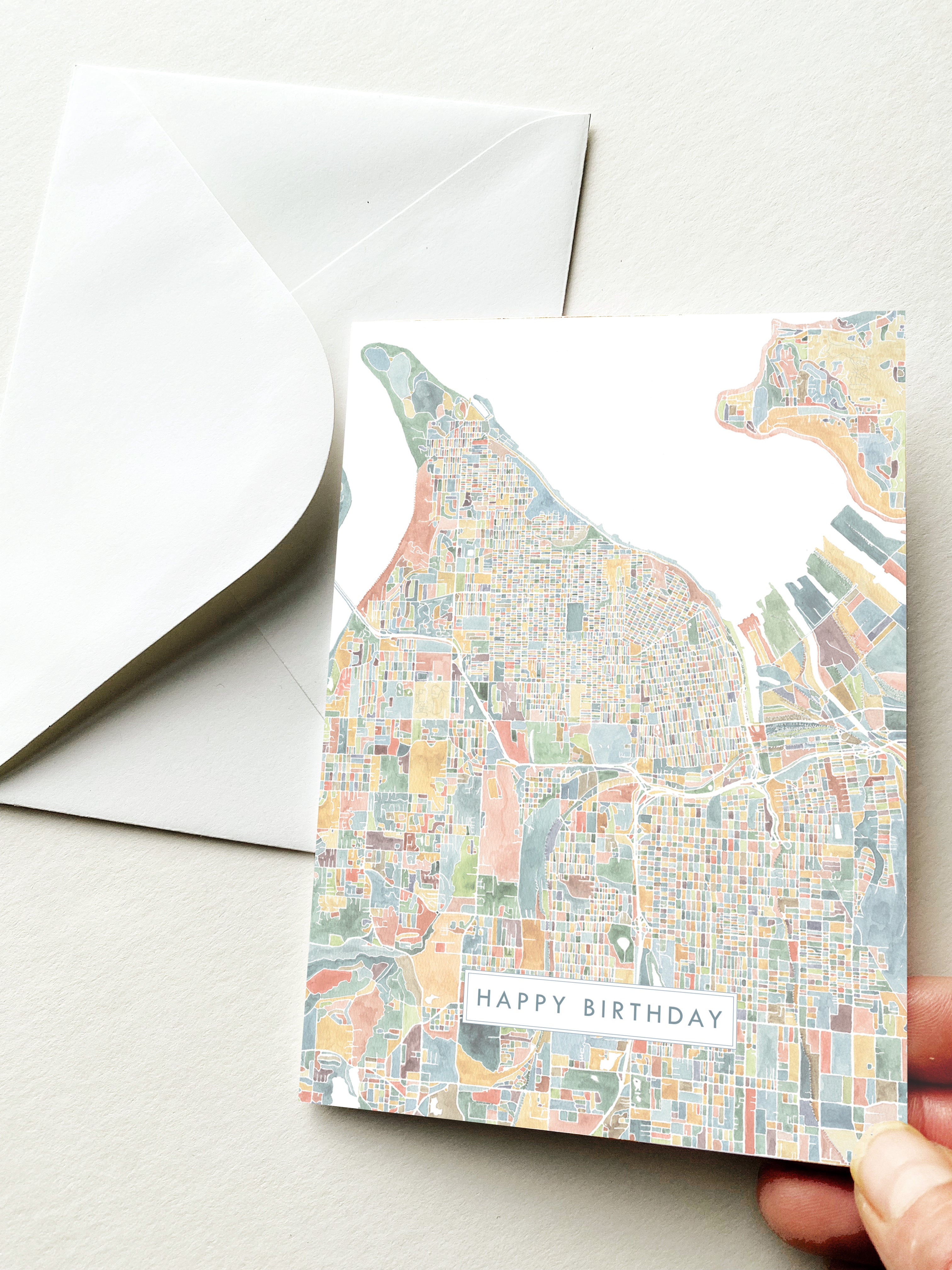 ColorFULL TACOMA Washington Watercolor Map - BIRTHDAY greeting card