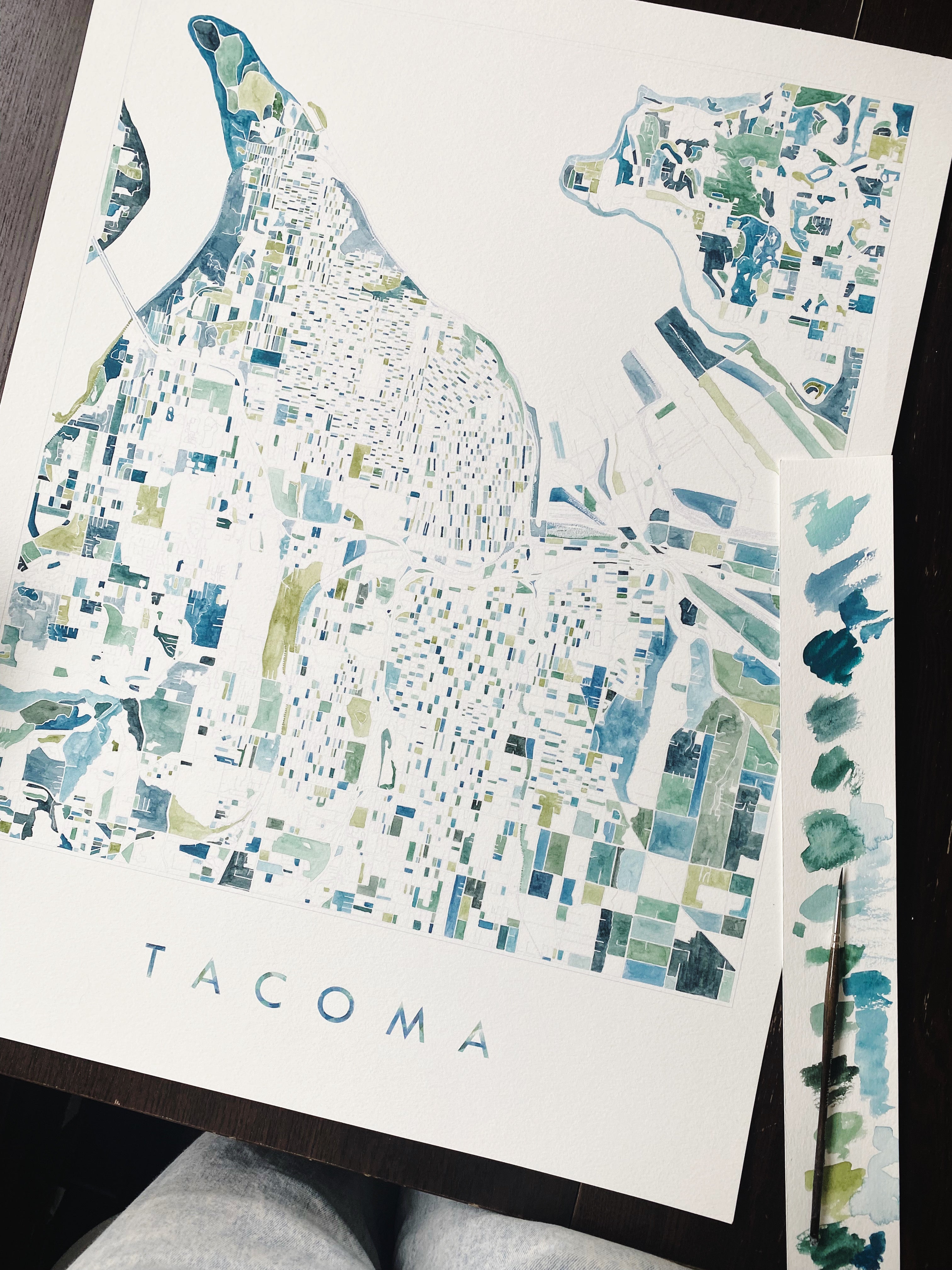 PNW TACOMA Watercolor City Blocks Map: ORIGINAL PAINTING