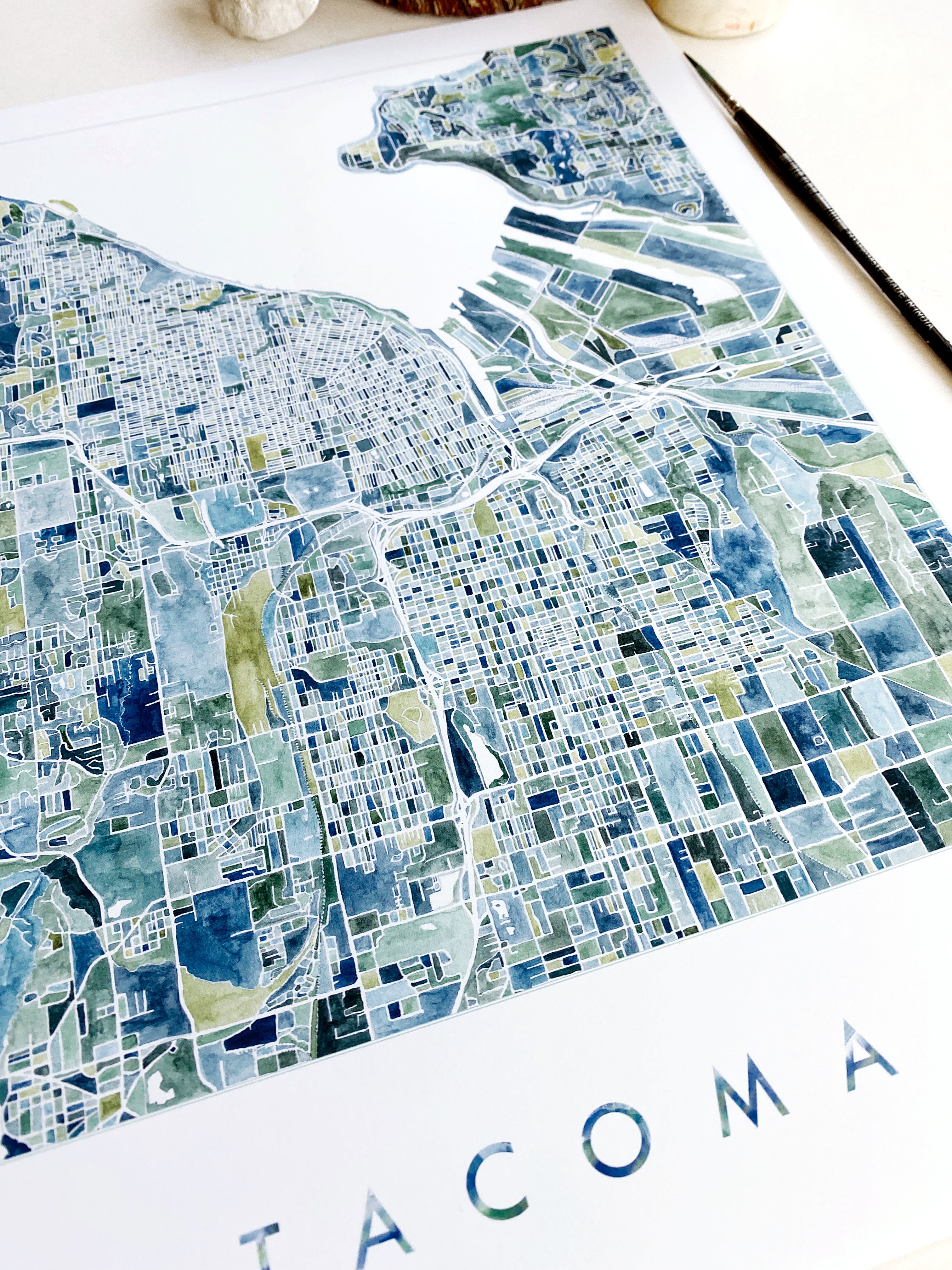 PNW TACOMA Watercolor City Blocks Map: ORIGINAL PAINTING