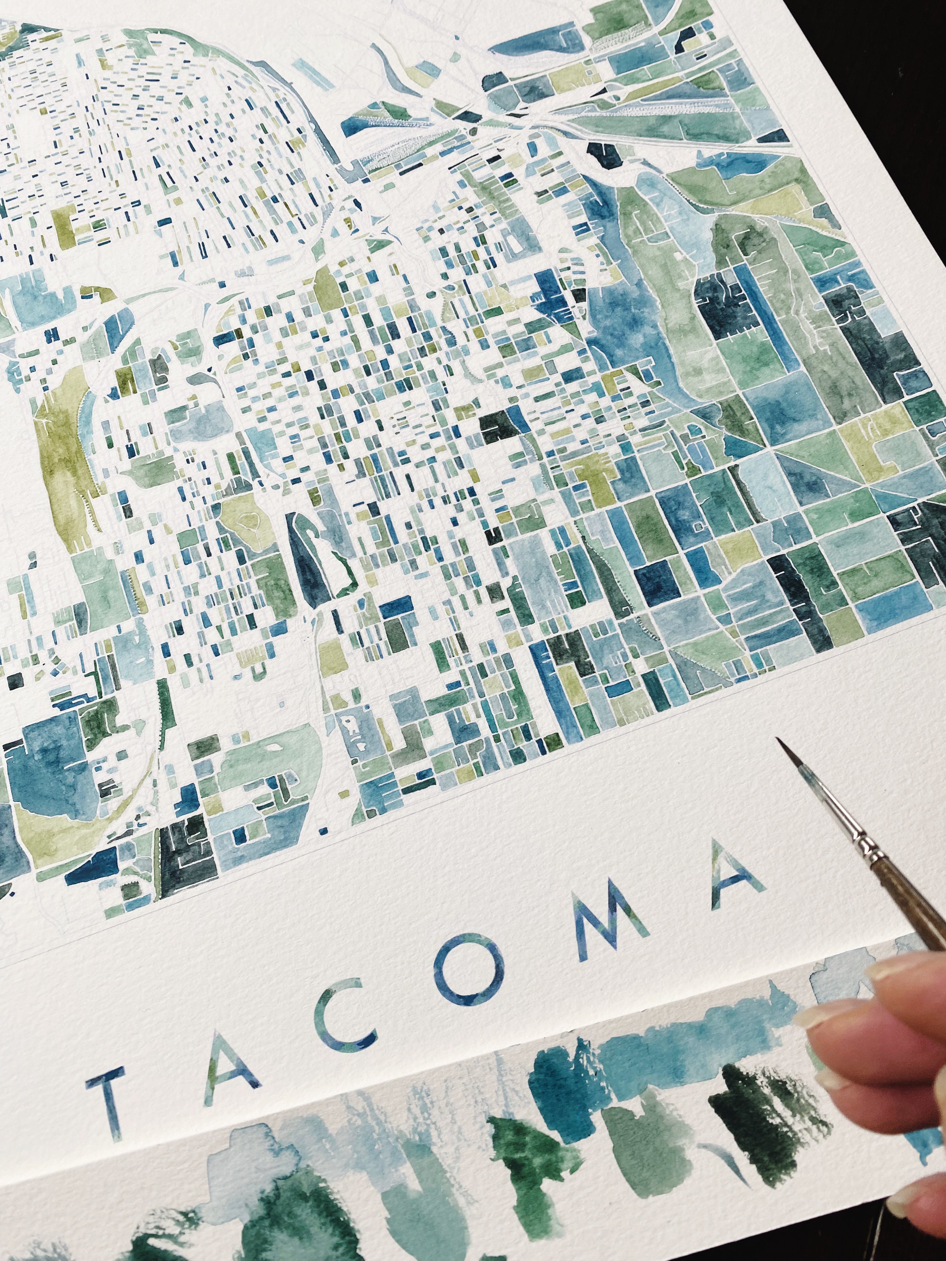 PNW TACOMA Watercolor City Blocks Map: ORIGINAL PAINTING