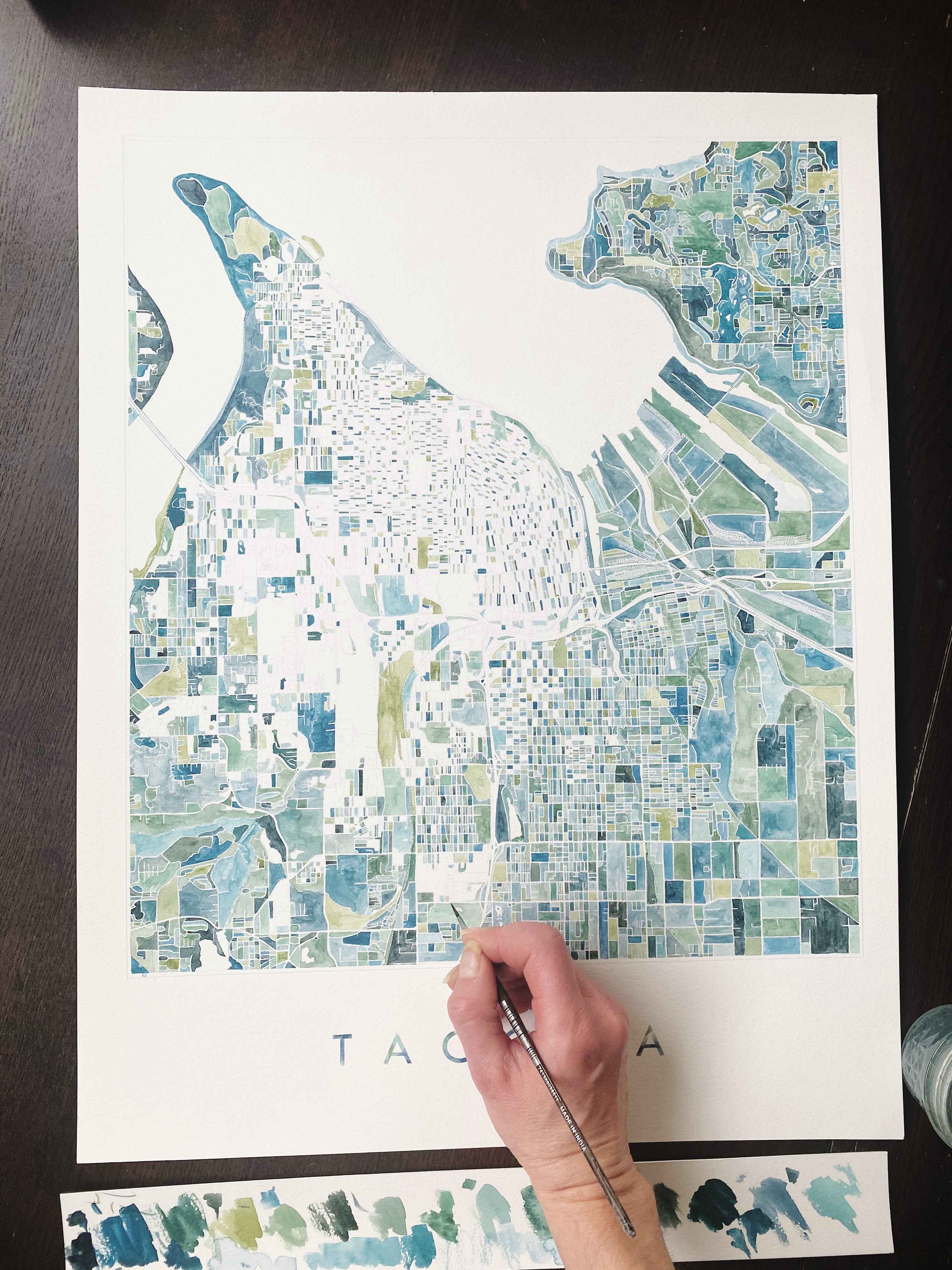 PNW TACOMA Watercolor City Blocks Map: ORIGINAL PAINTING