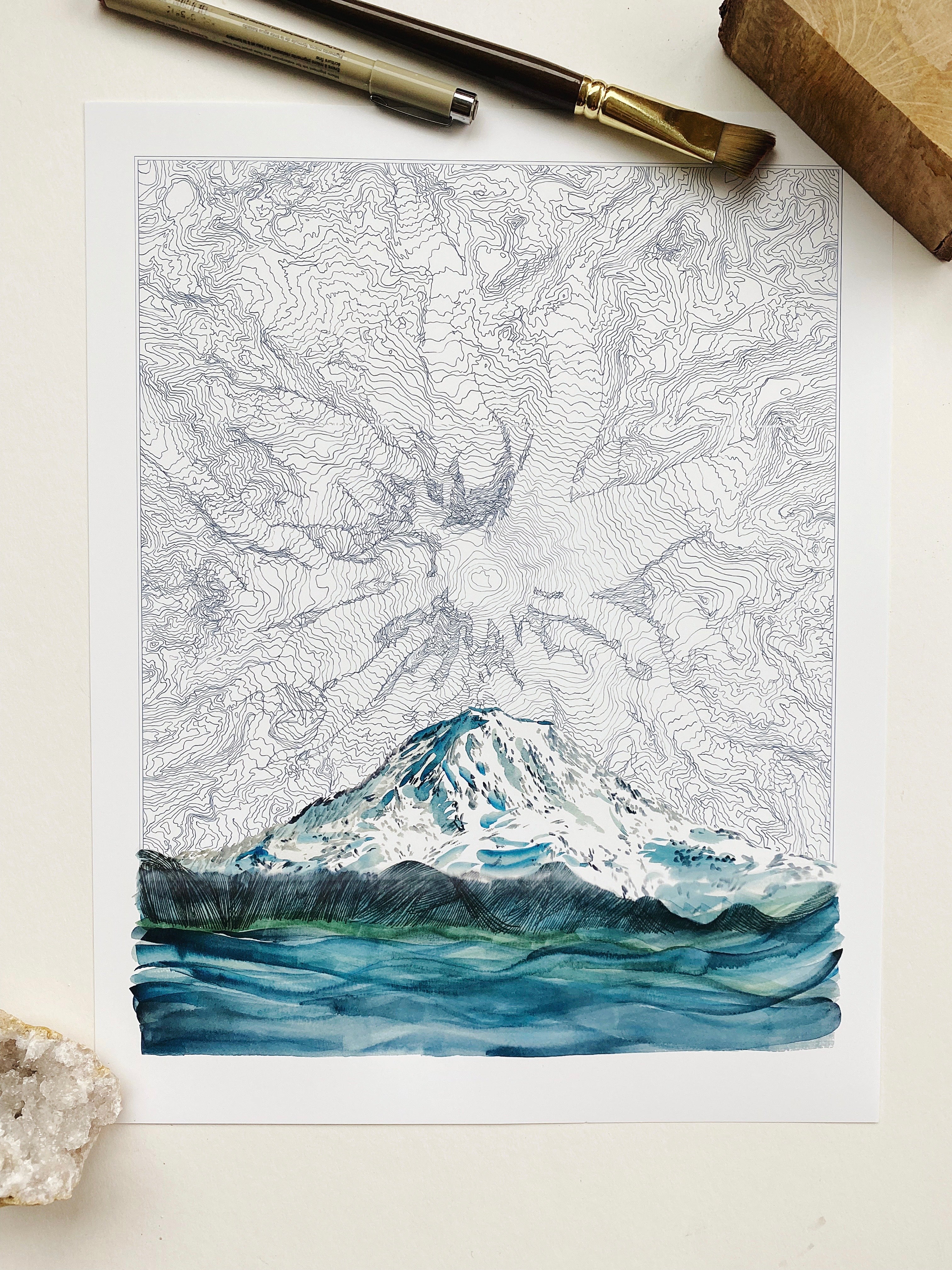 TAHOMA Mount Rainier Washington Topographical Map Drawing + Mountain Painting: PRINT