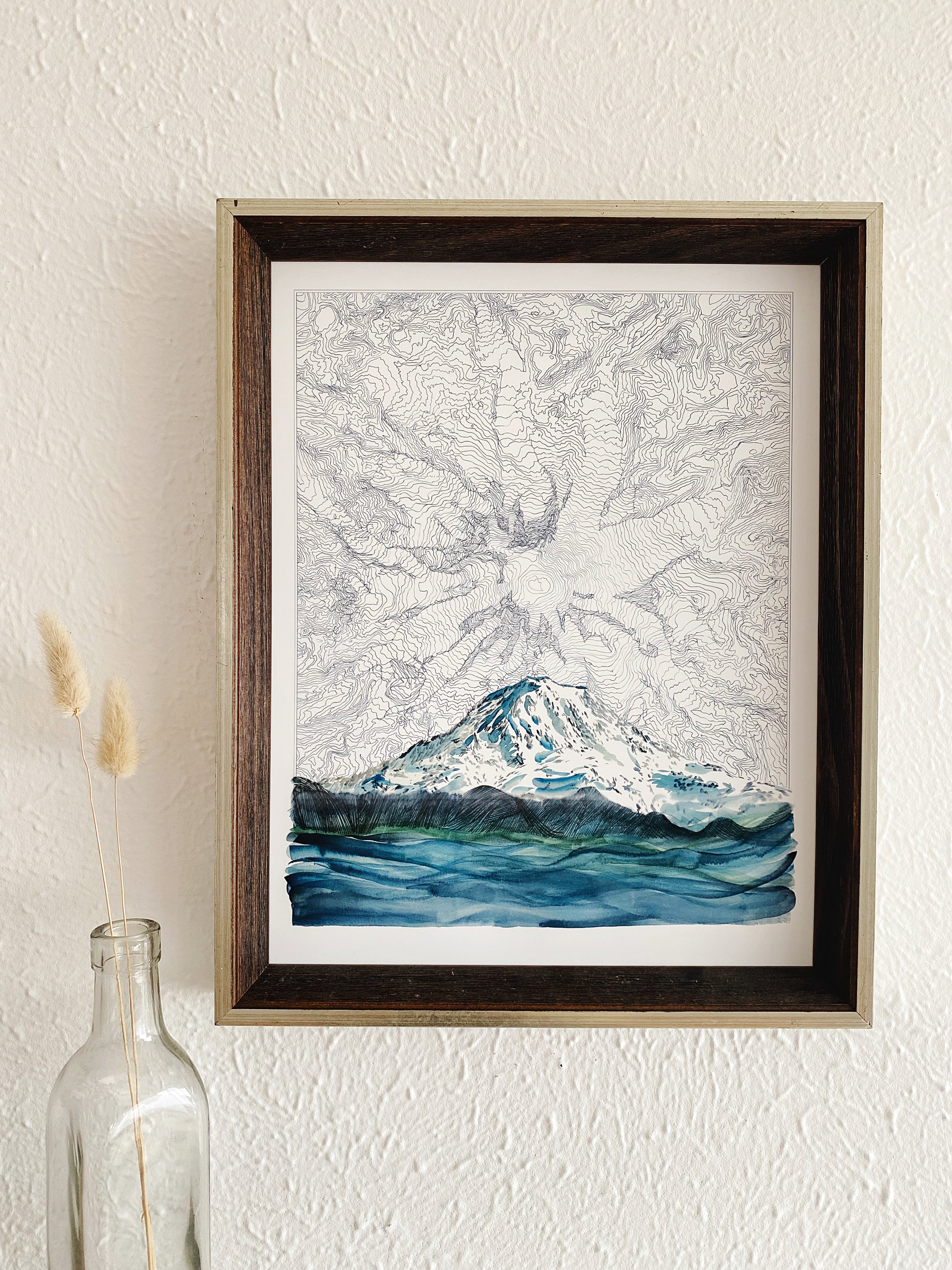 TAHOMA Mount Rainier Washington Topographical Map Drawing + Mountain Painting: PRINT