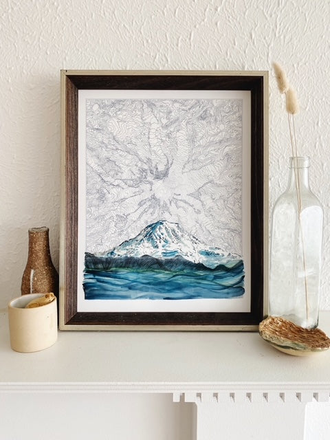 TAHOMA Mount Rainier Washington Topographical Map Drawing + Mountain Painting: PRINT