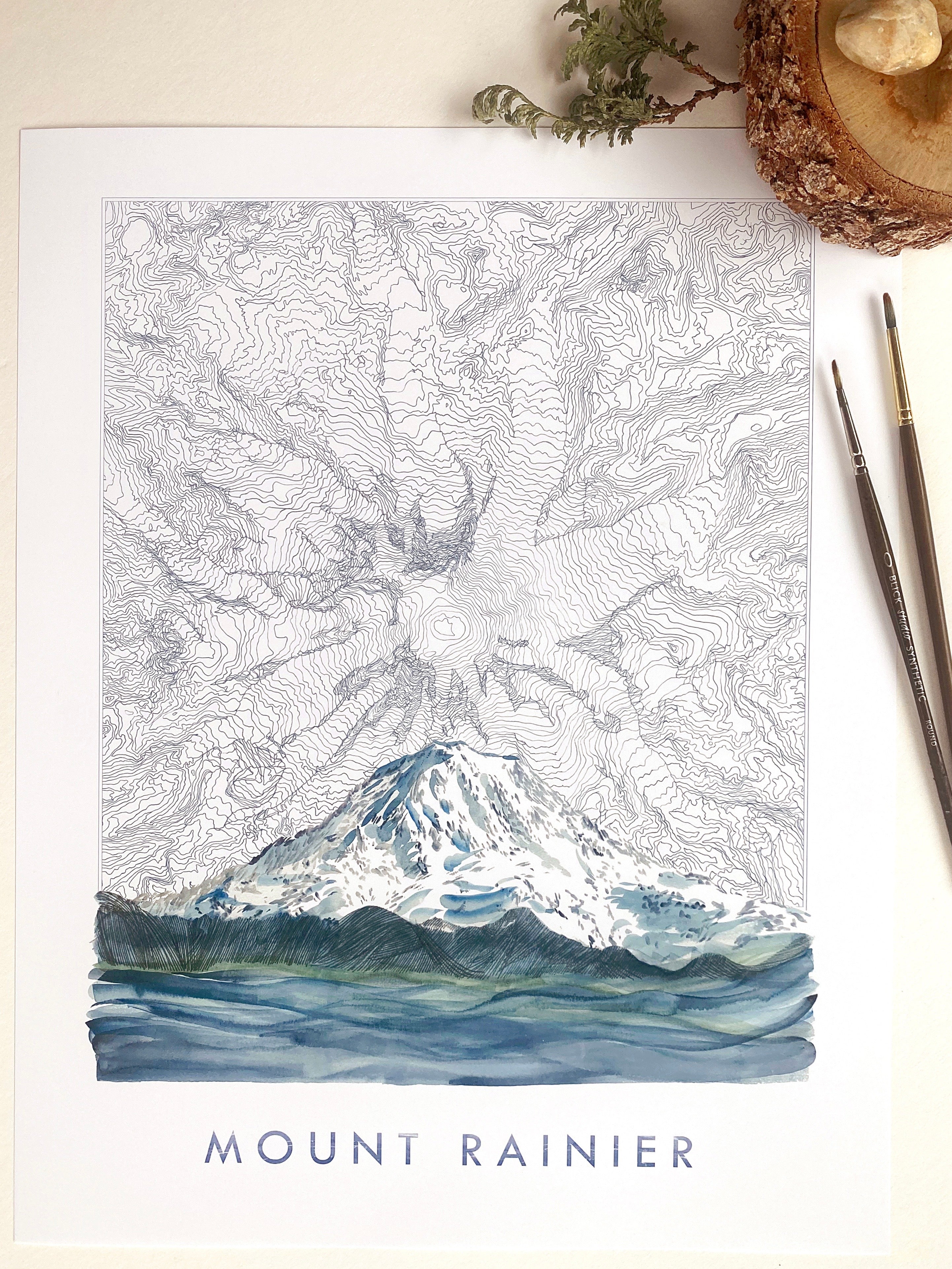 TAHOMA Mount Rainier Washington Topographical Map Drawing + Mountain Painting: PRINT