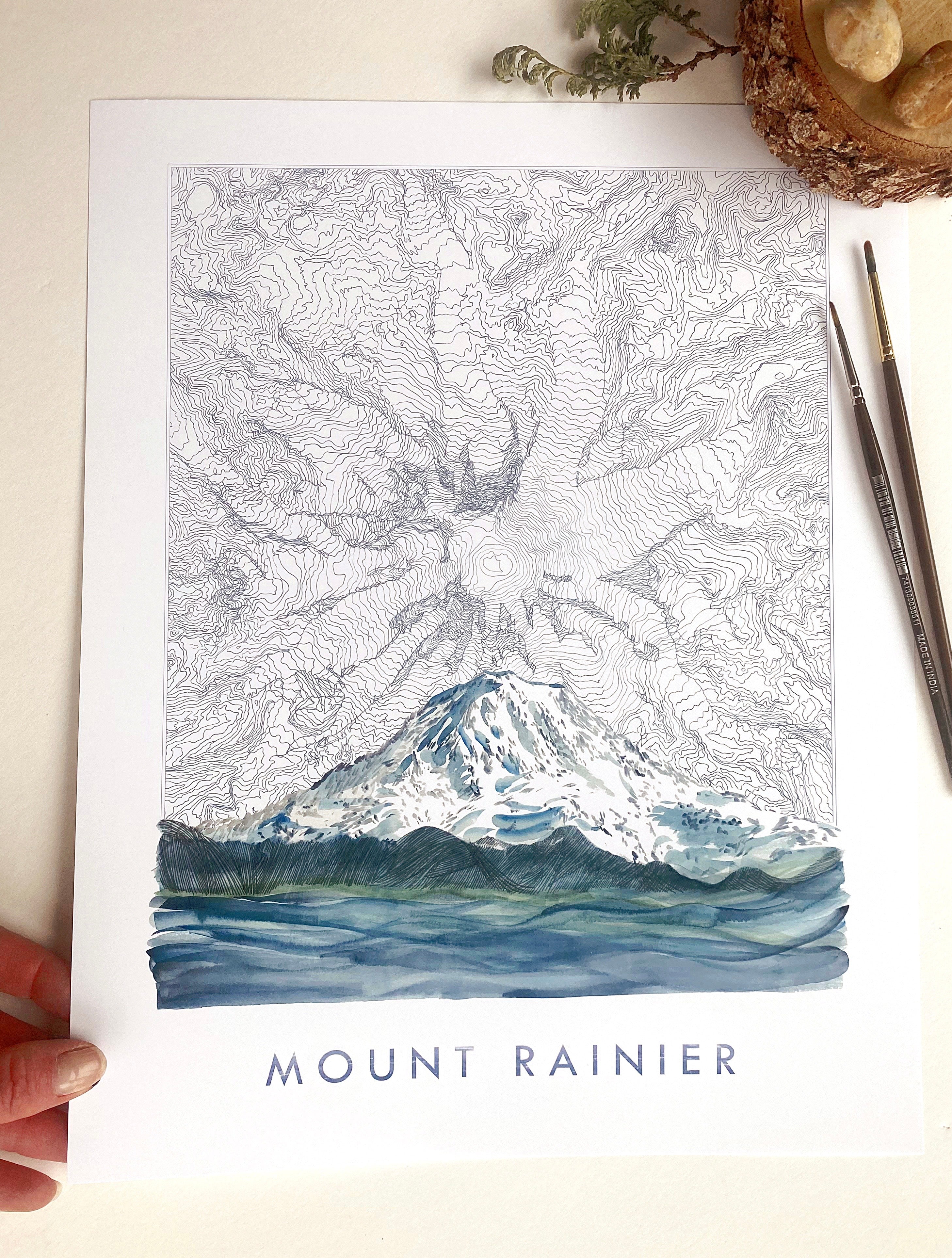 TAHOMA Mount Rainier Washington Topographical Map Drawing + Mountain Painting: PRINT