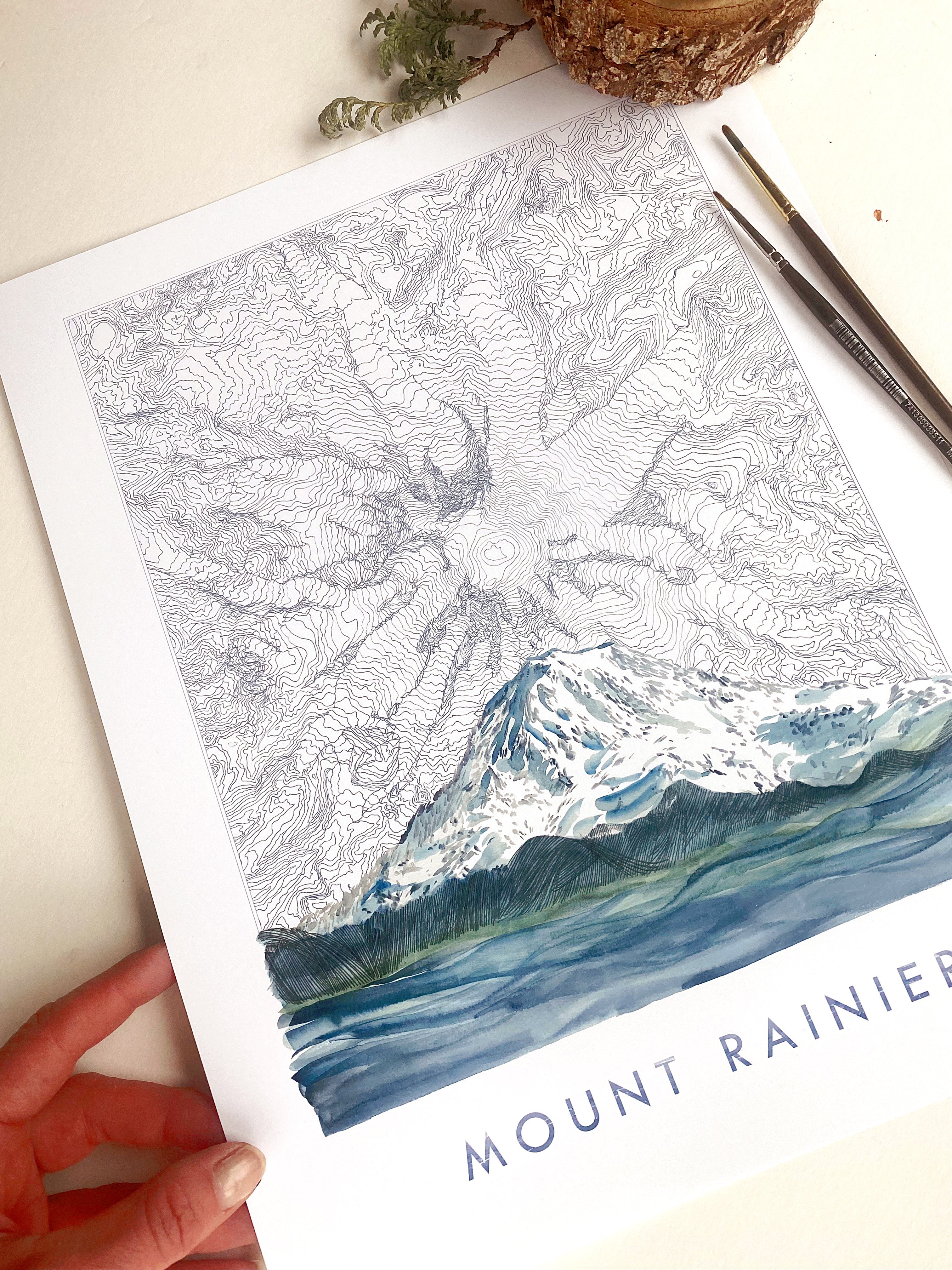 TAHOMA Mount Rainier Washington Topographical Map Drawing + Mountain Painting: PRINT