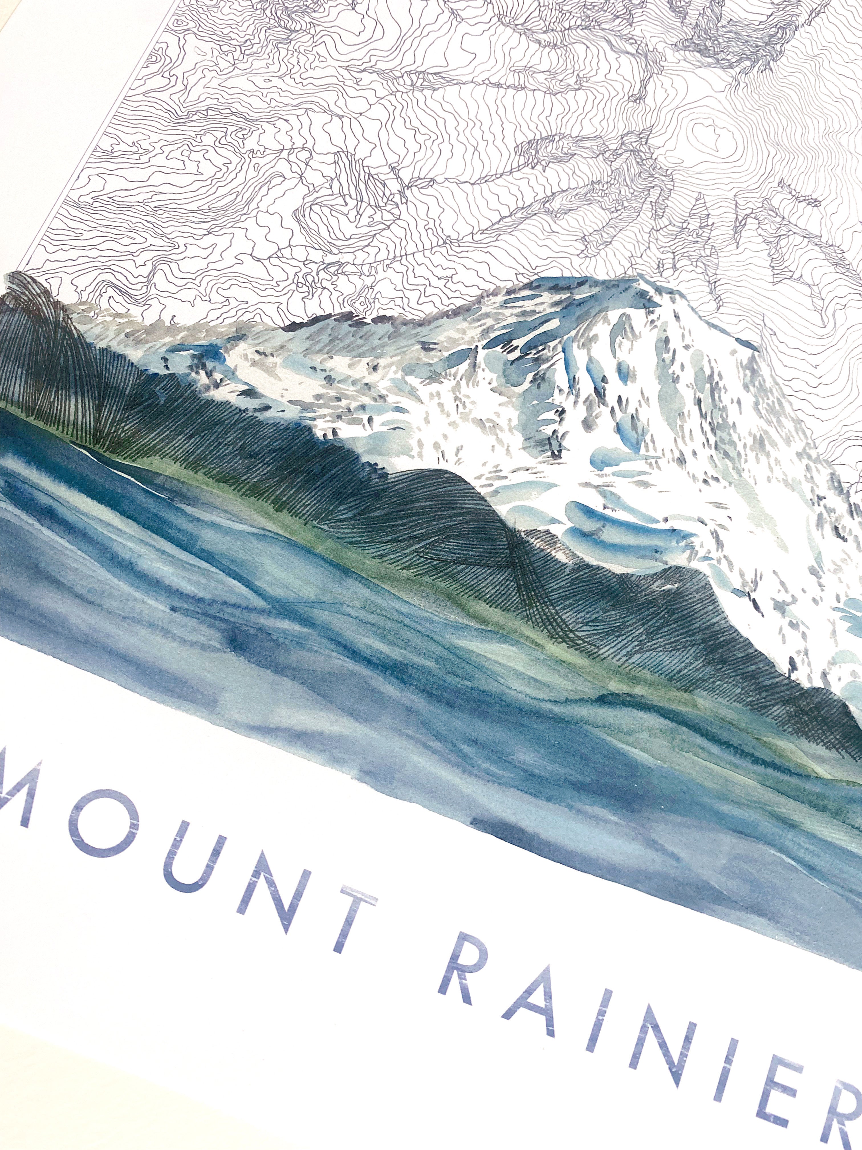 TAHOMA Mount Rainier Washington Topographical Map Drawing + Mountain Painting: PRINT