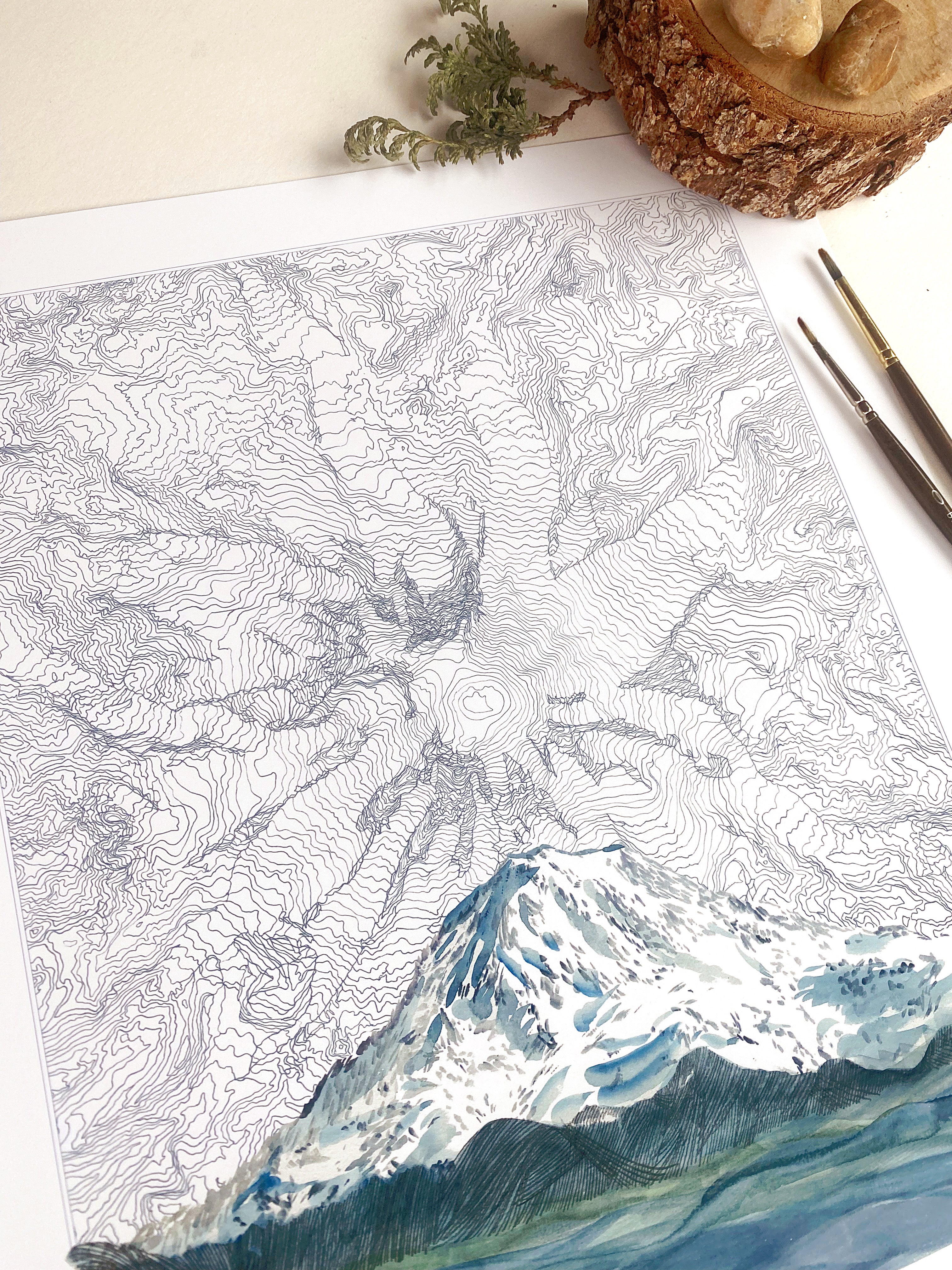 TAHOMA Mount Rainier Washington Topographical Map Drawing + Mountain Painting: PRINT