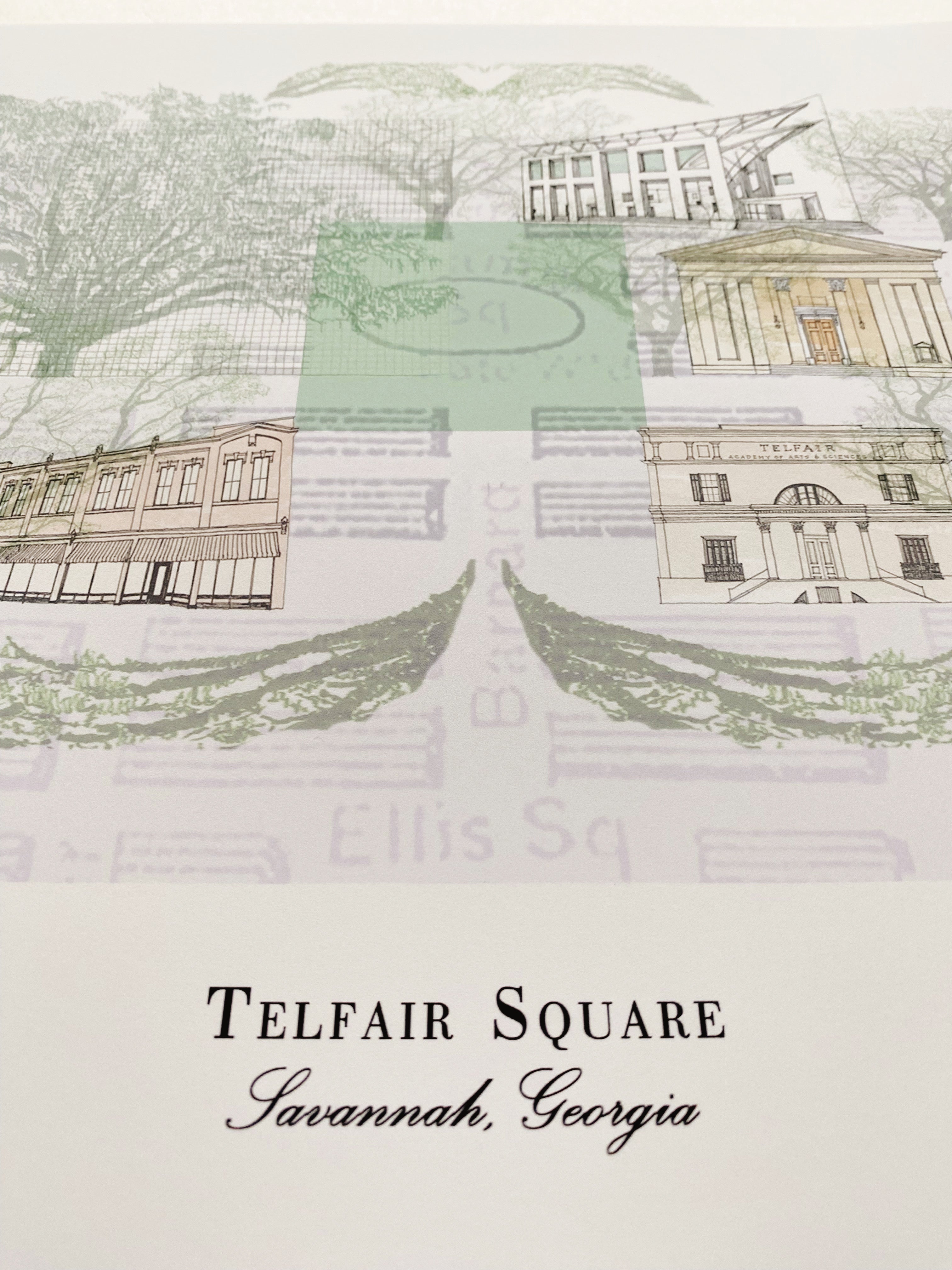 Savannah GA Telfair Square Map-drawing: ART PRINT