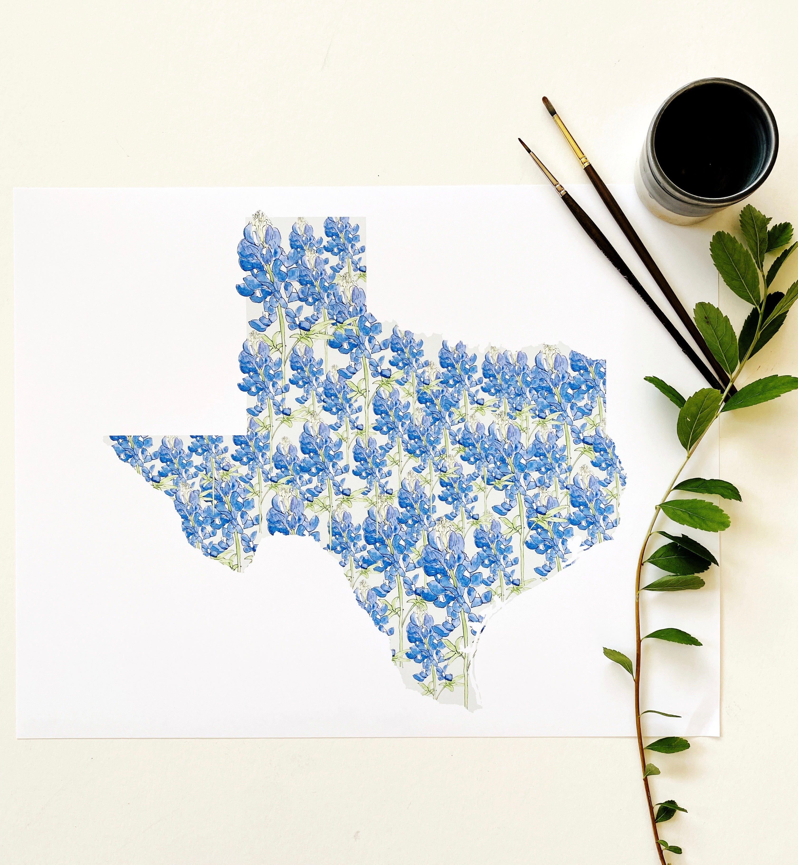 Texas Map Pink Roses TEXAS State Flower Map: Bluebonnet: PRINT — Turn-of-the-Centuries