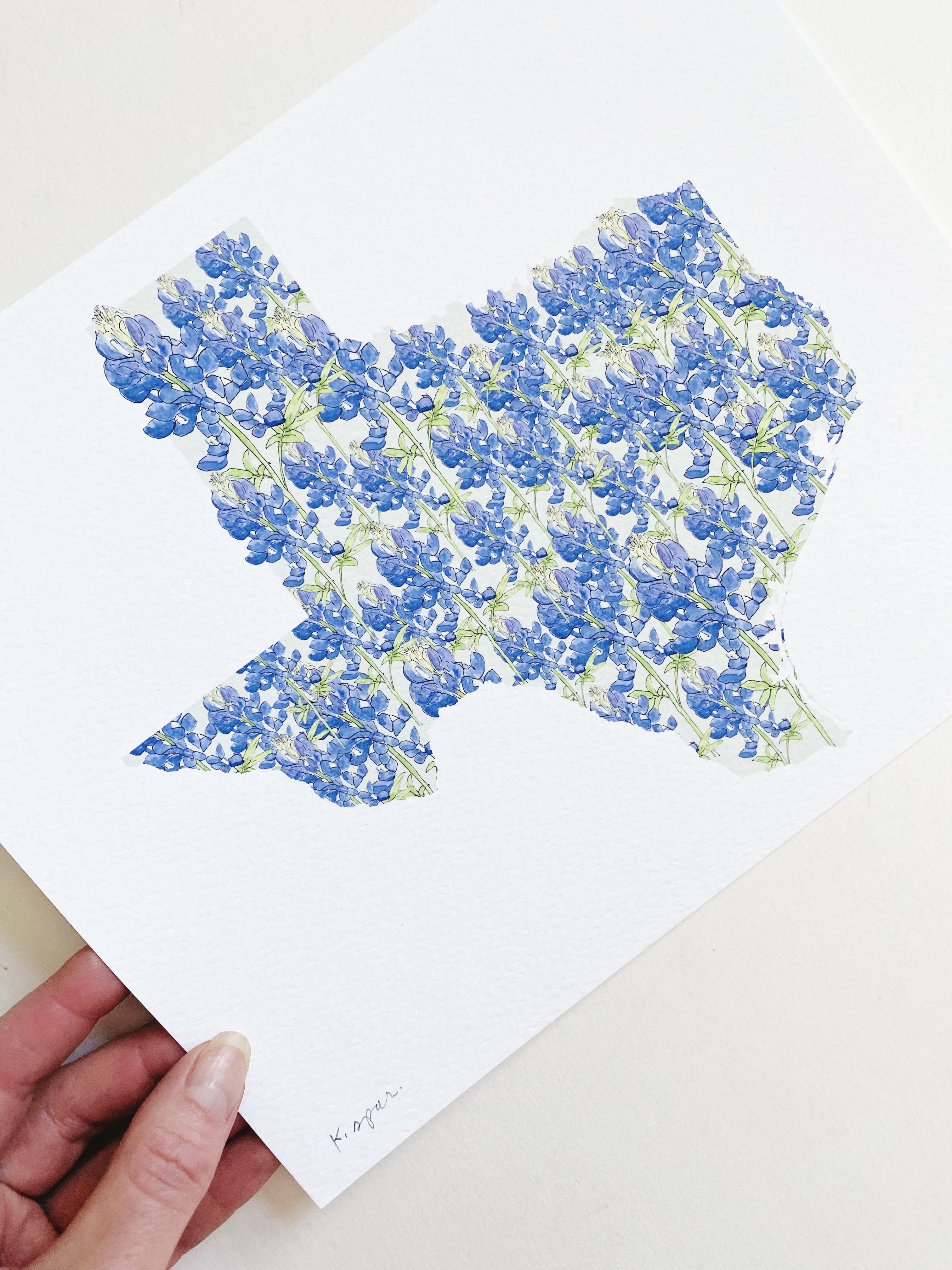 Texas Map Pink Roses TEXAS State Flower Map: Bluebonnet: PRINT — Turn-of-the-Centuries