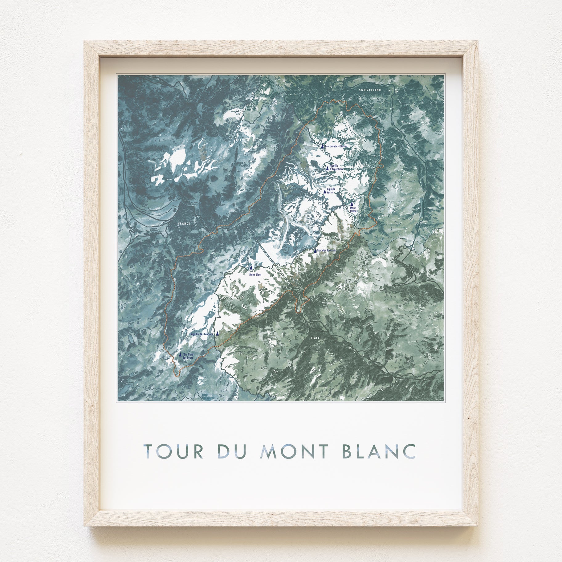 TOUR DU MONT BLANC France, Italy, Switzerland Map Drawing: PRINT