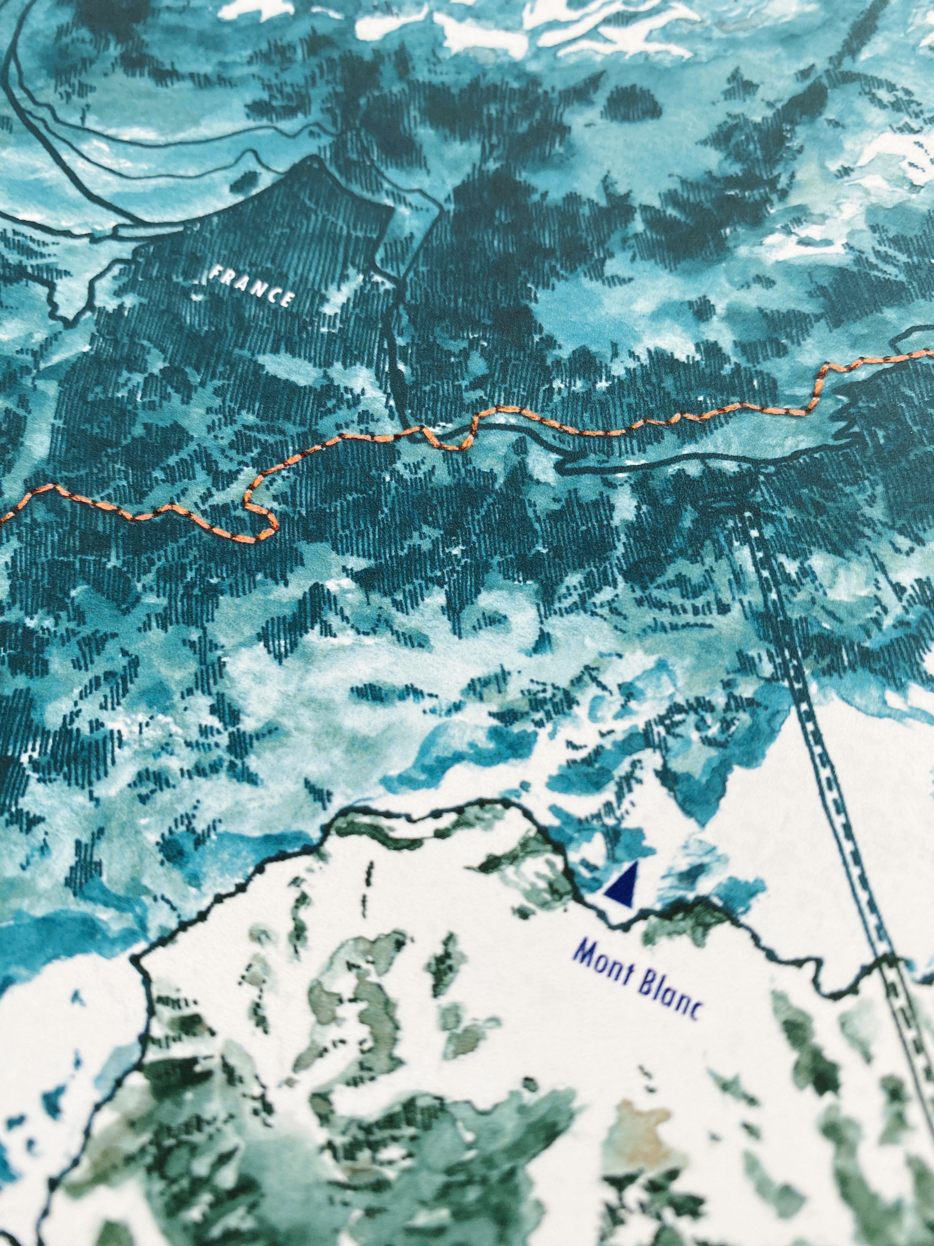 TOUR DU MONT BLANC France, Italy, Switzerland Map Drawing: PRINT