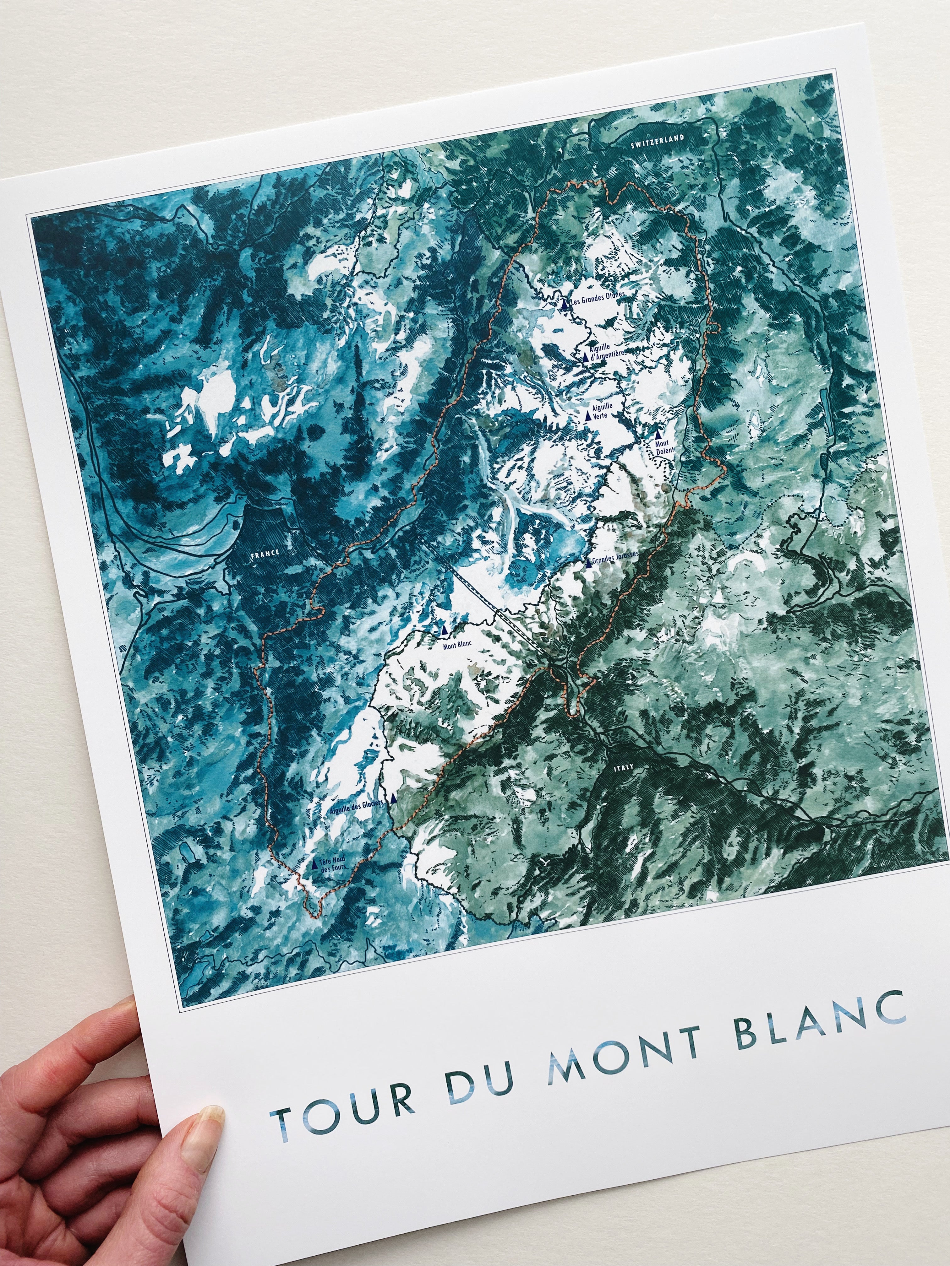 TOUR DU MONT BLANC France, Italy, Switzerland Map Drawing: PRINT