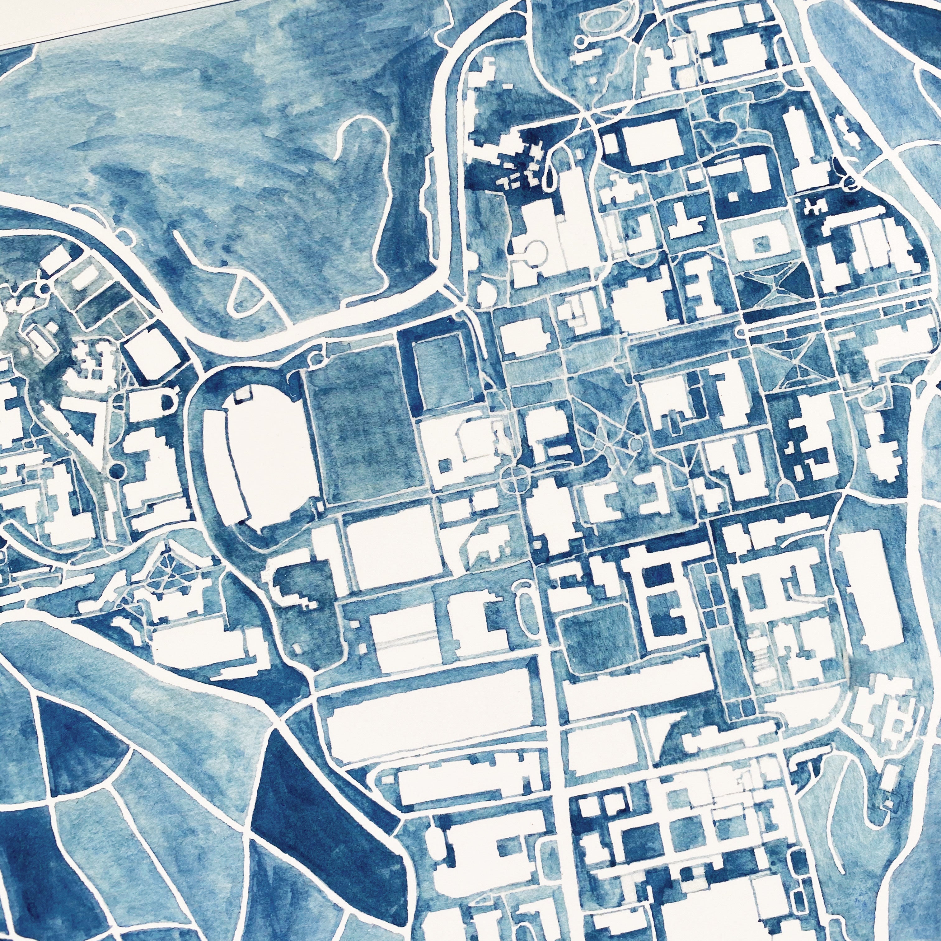 16" x 16" CAMPUS Map Watercolor Map: ORIGINAL PAINTING (Commission)