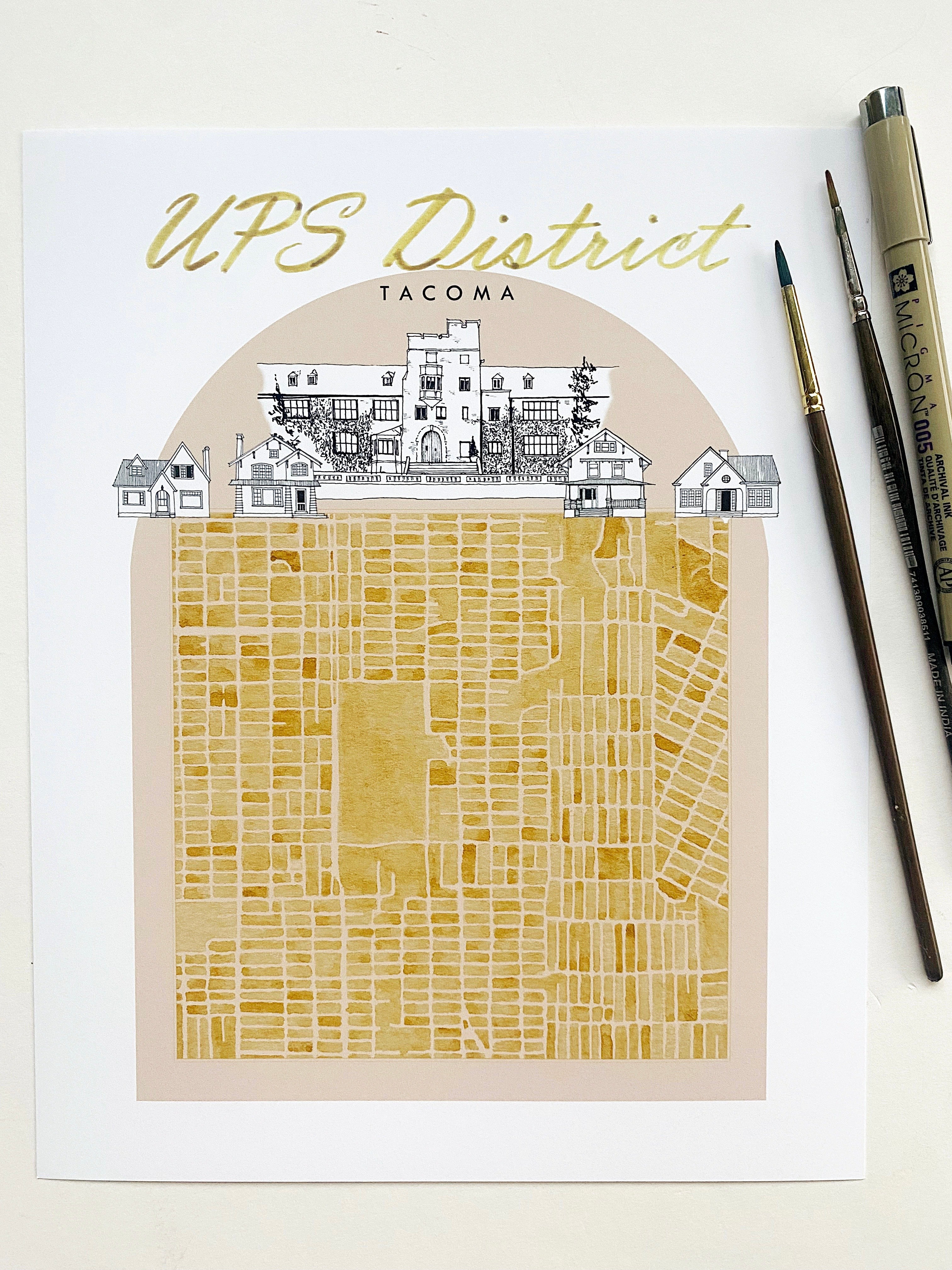 new UPS DISTRICT TACOMA Neighborhood "Charms" Watercolor Map: PRINT