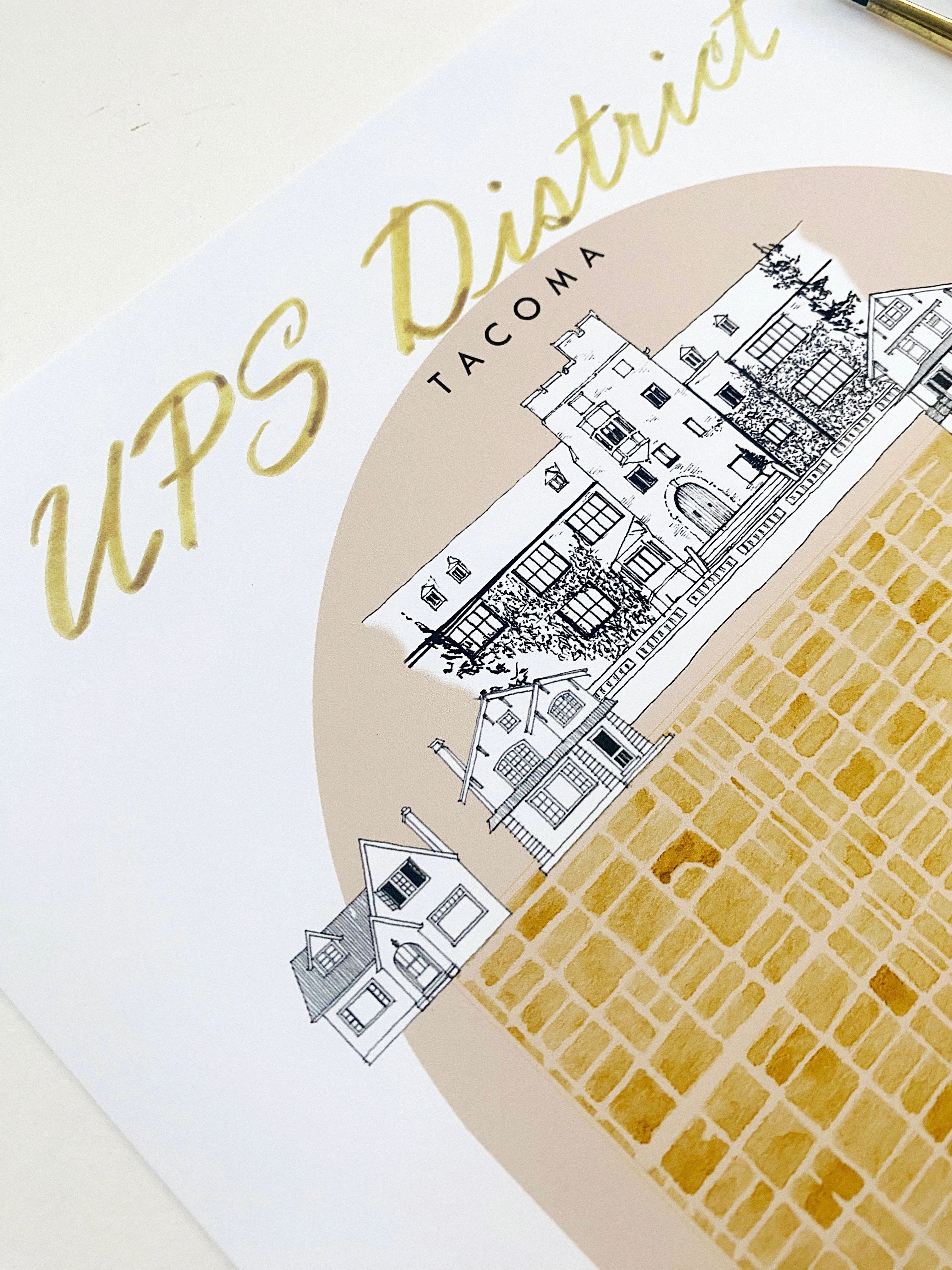 new UPS DISTRICT TACOMA Neighborhood "Charms" Watercolor Map: PRINT