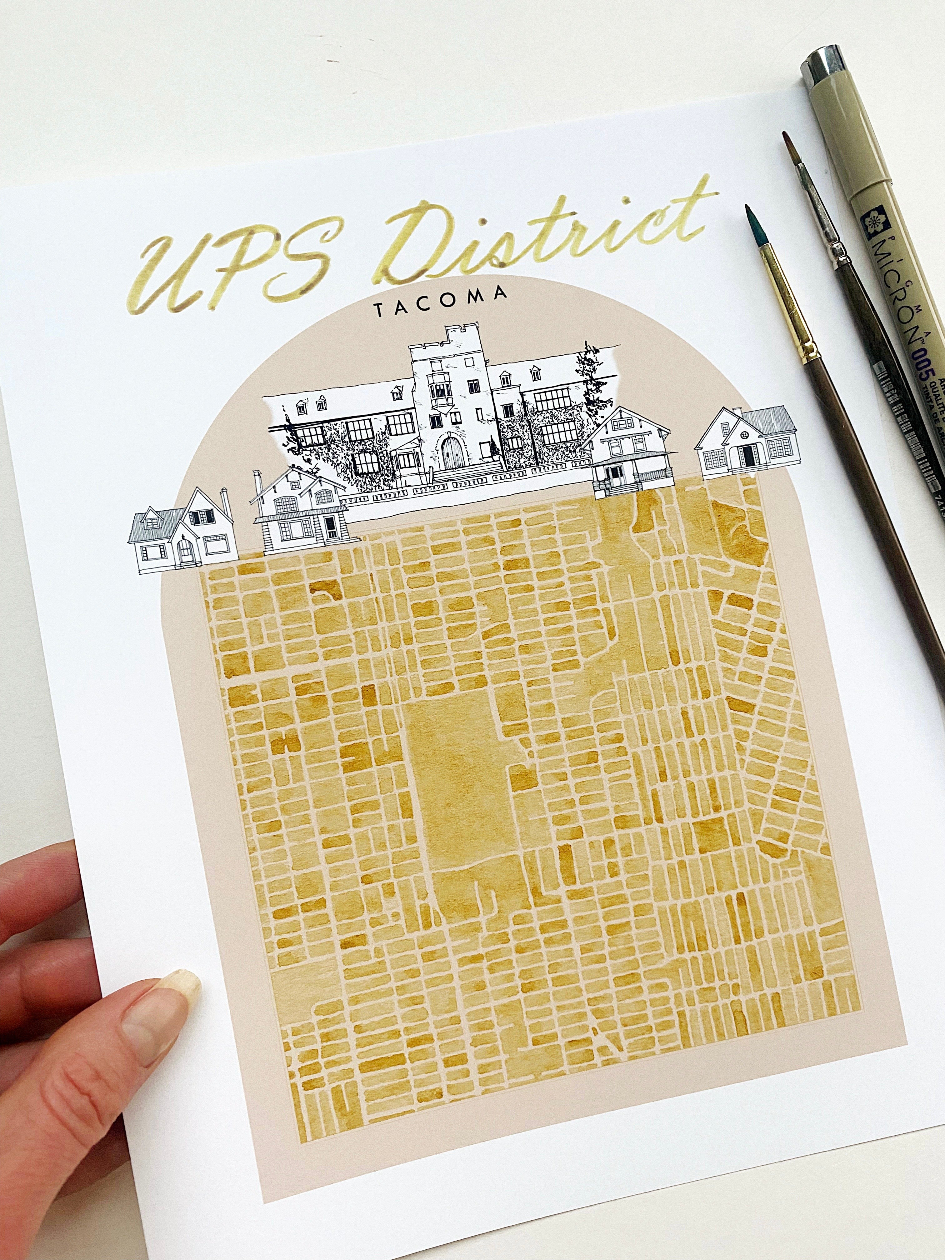 new UPS DISTRICT TACOMA Neighborhood "Charms" Watercolor Map: PRINT