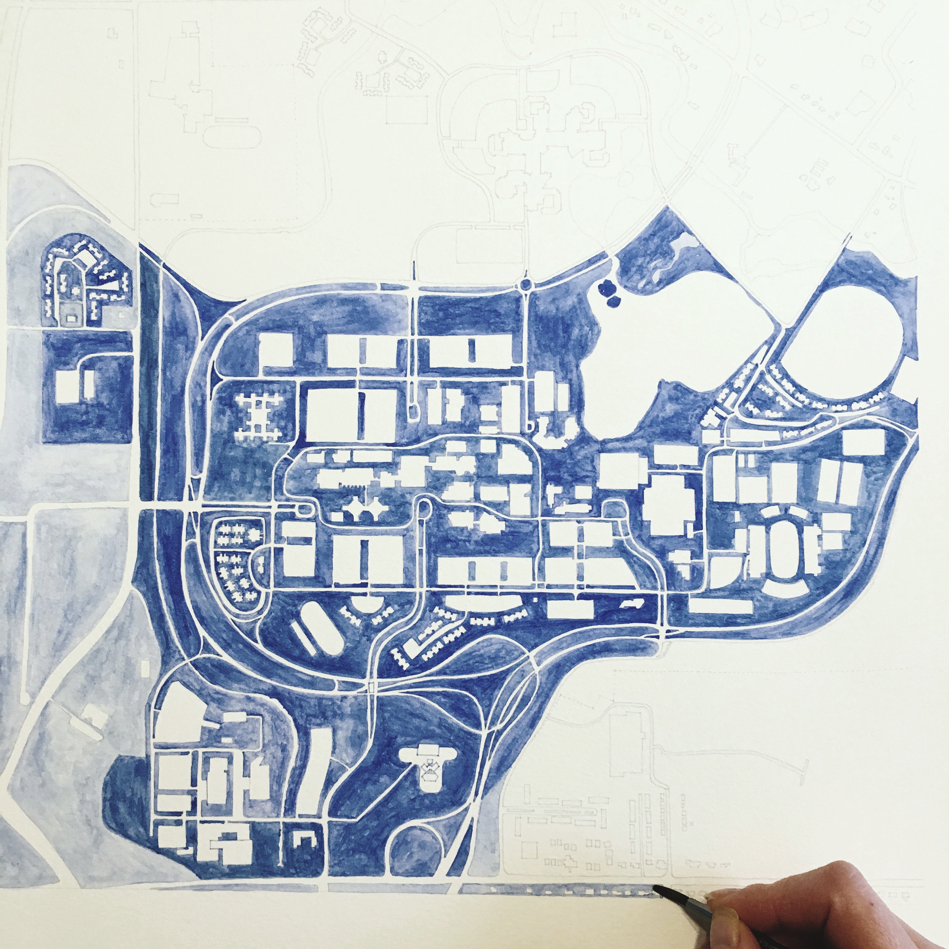16" x 16" CAMPUS Map Watercolor Map: ORIGINAL PAINTING (Commission)