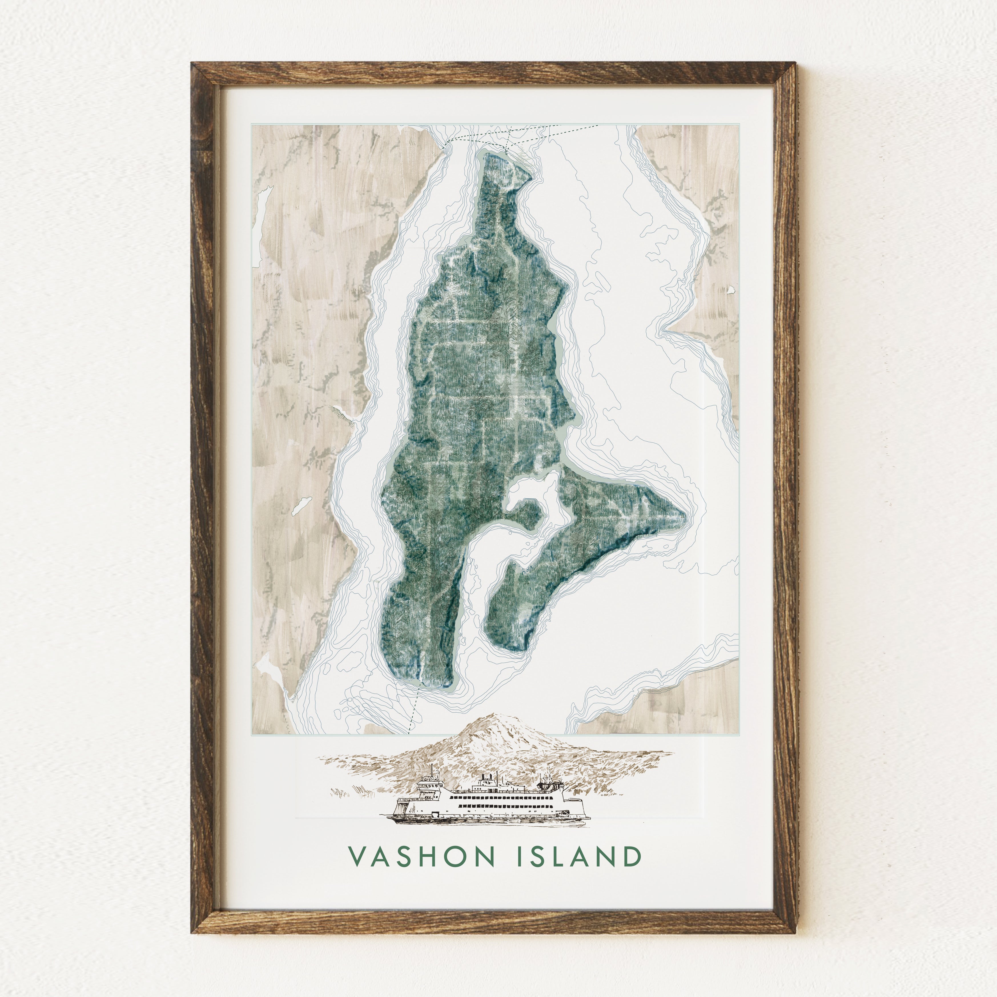 VASHON + MAURY ISLAND Washington Watercolor Wash Map: PRINT