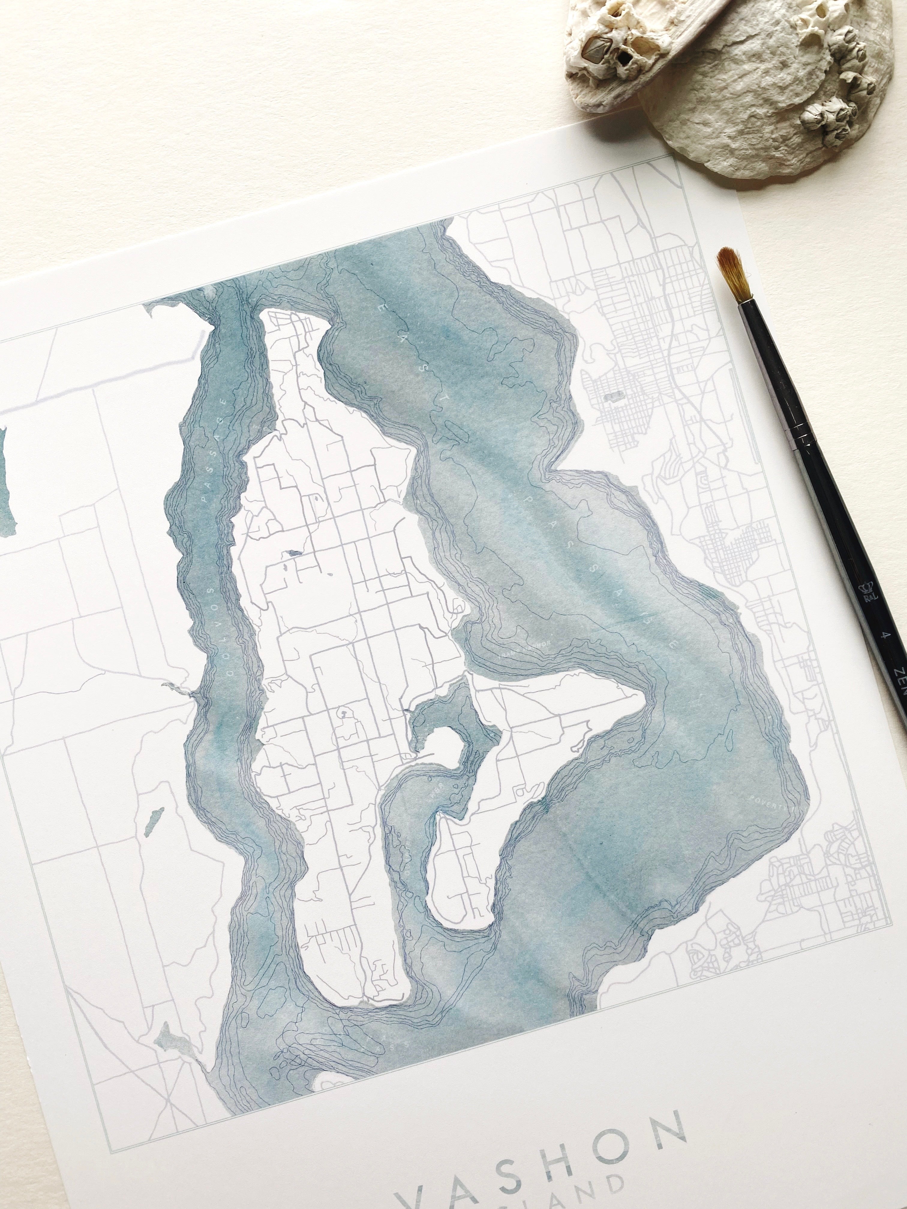 VASHON ISLAND Washington Watercolor Bathymetric Map: PRINT