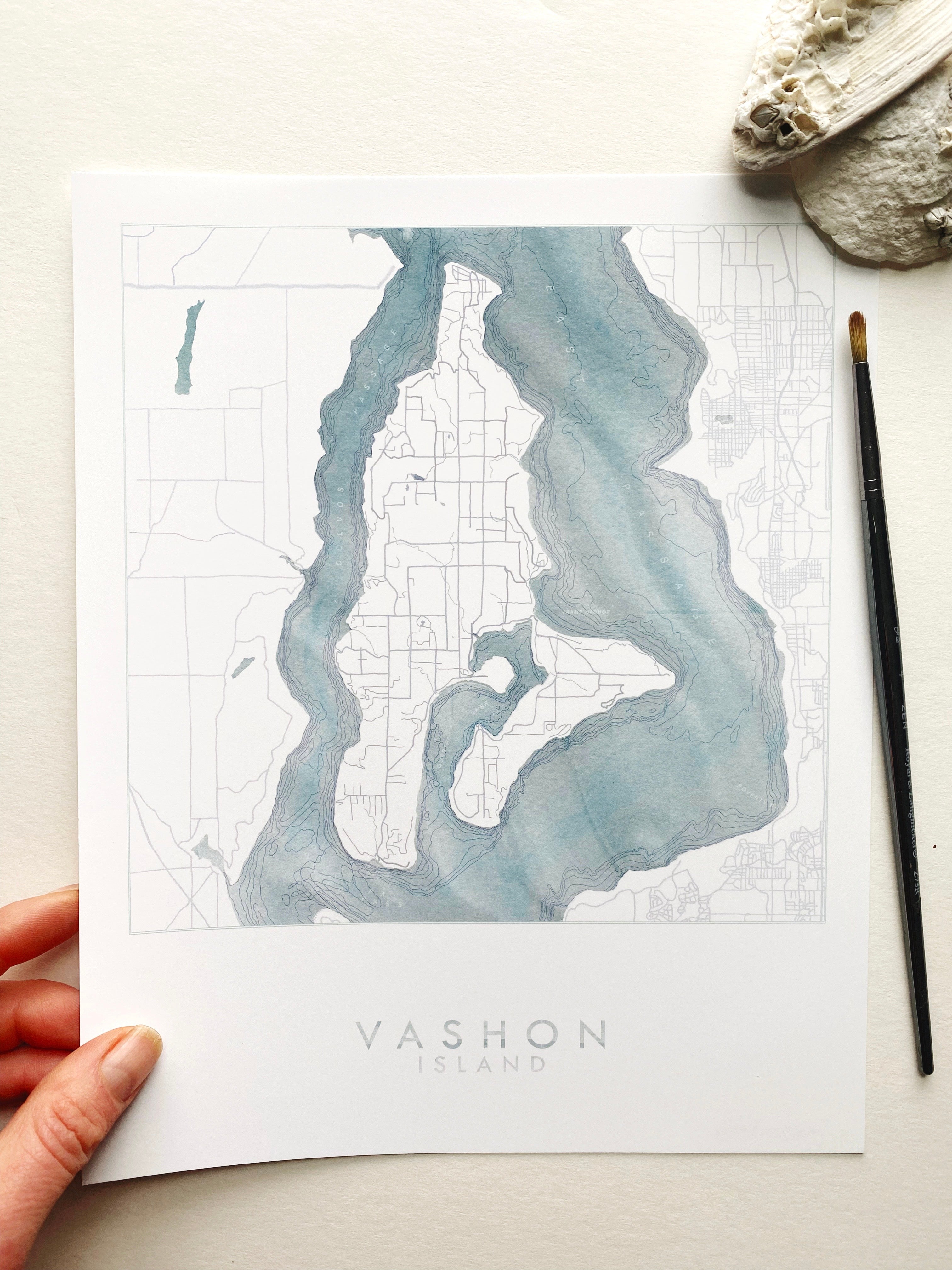 VASHON ISLAND Washington Watercolor Bathymetric Map: PRINT