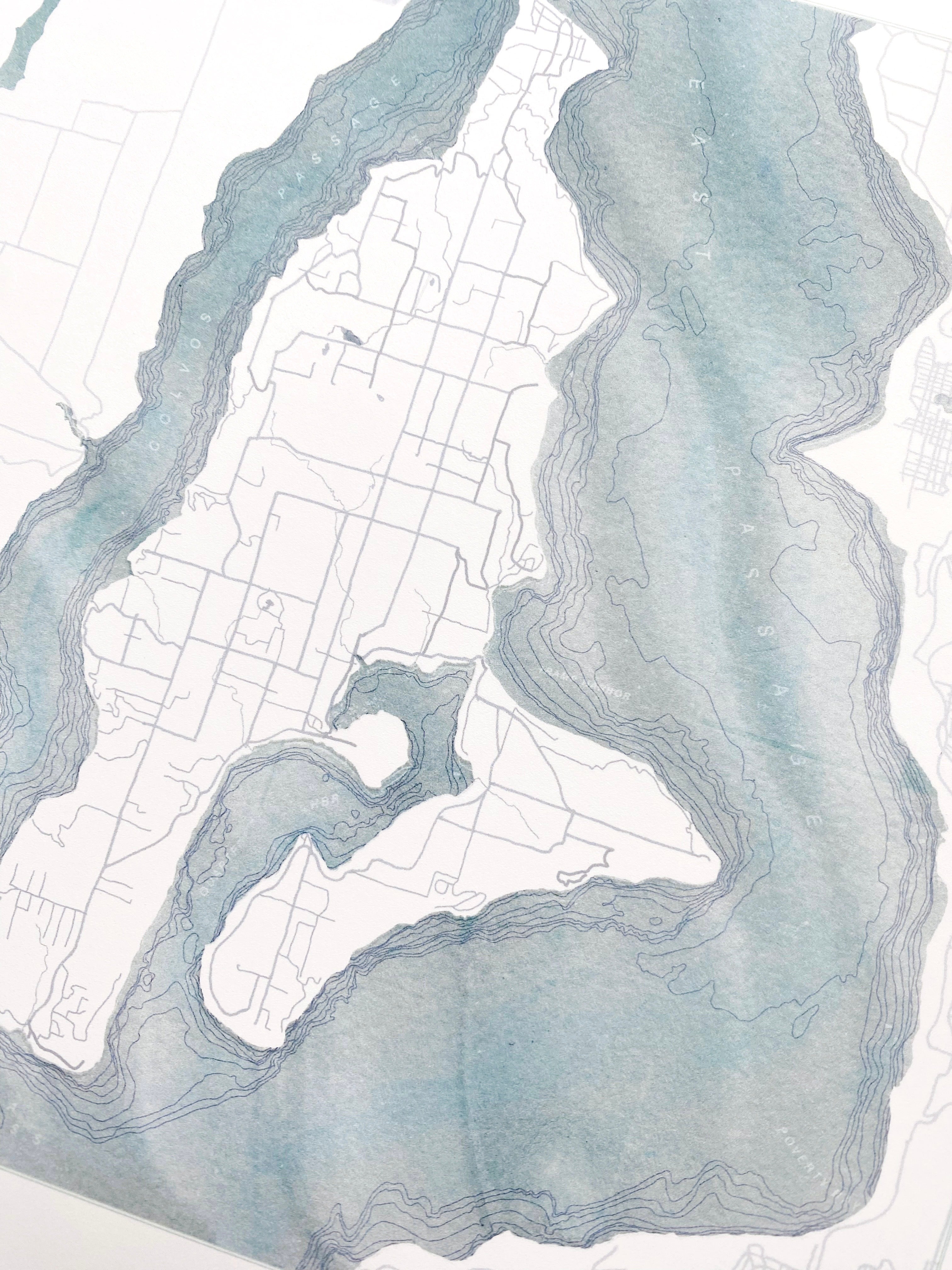 VASHON ISLAND Washington Watercolor Bathymetric Map: PRINT
