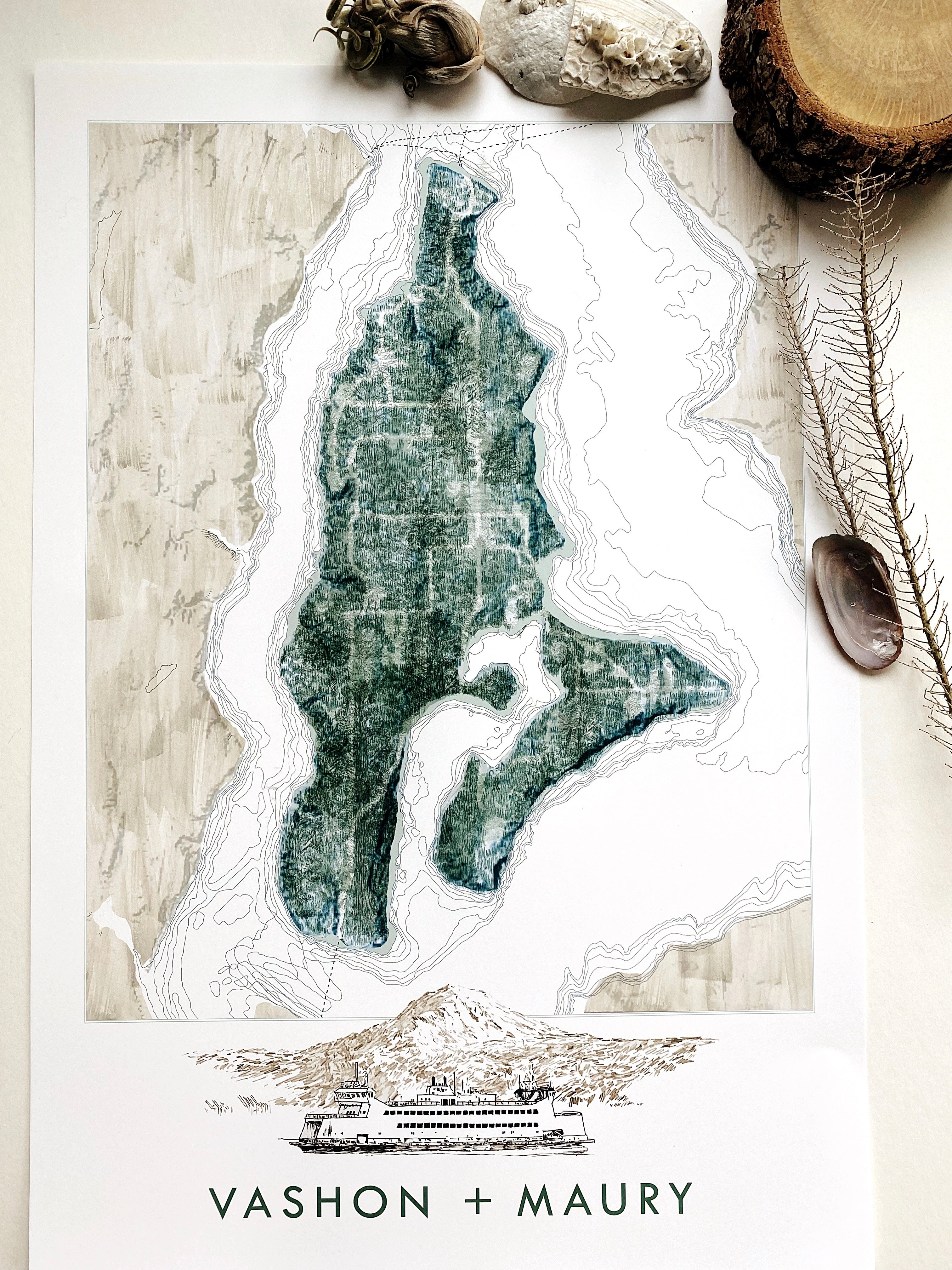 VASHON + MAURY ISLAND Washington Watercolor Wash Map: PRINT