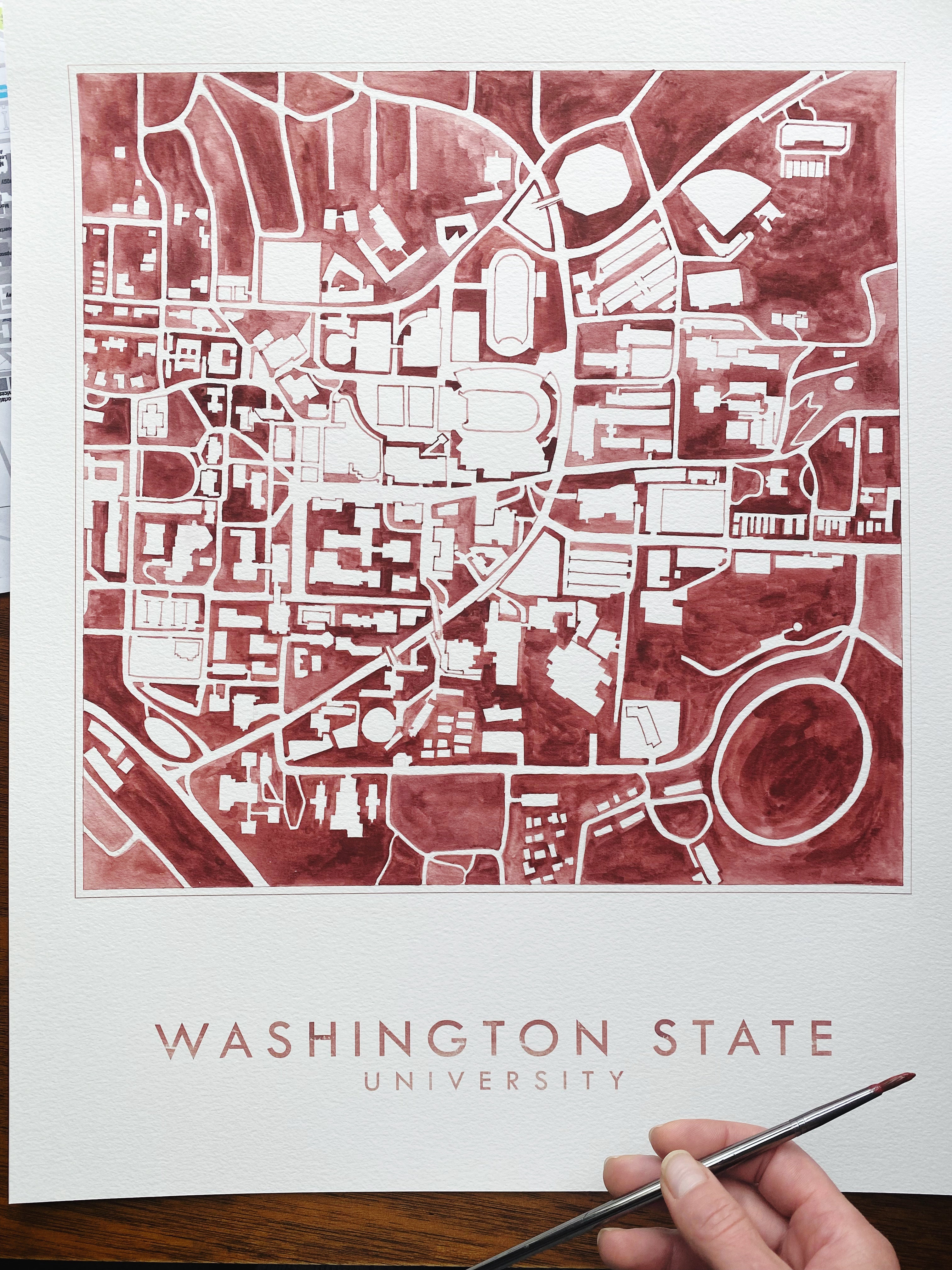 WASHINGTON STATE UNIVERSITY Campus Watercolor Map: ORIGINAL PAINTING