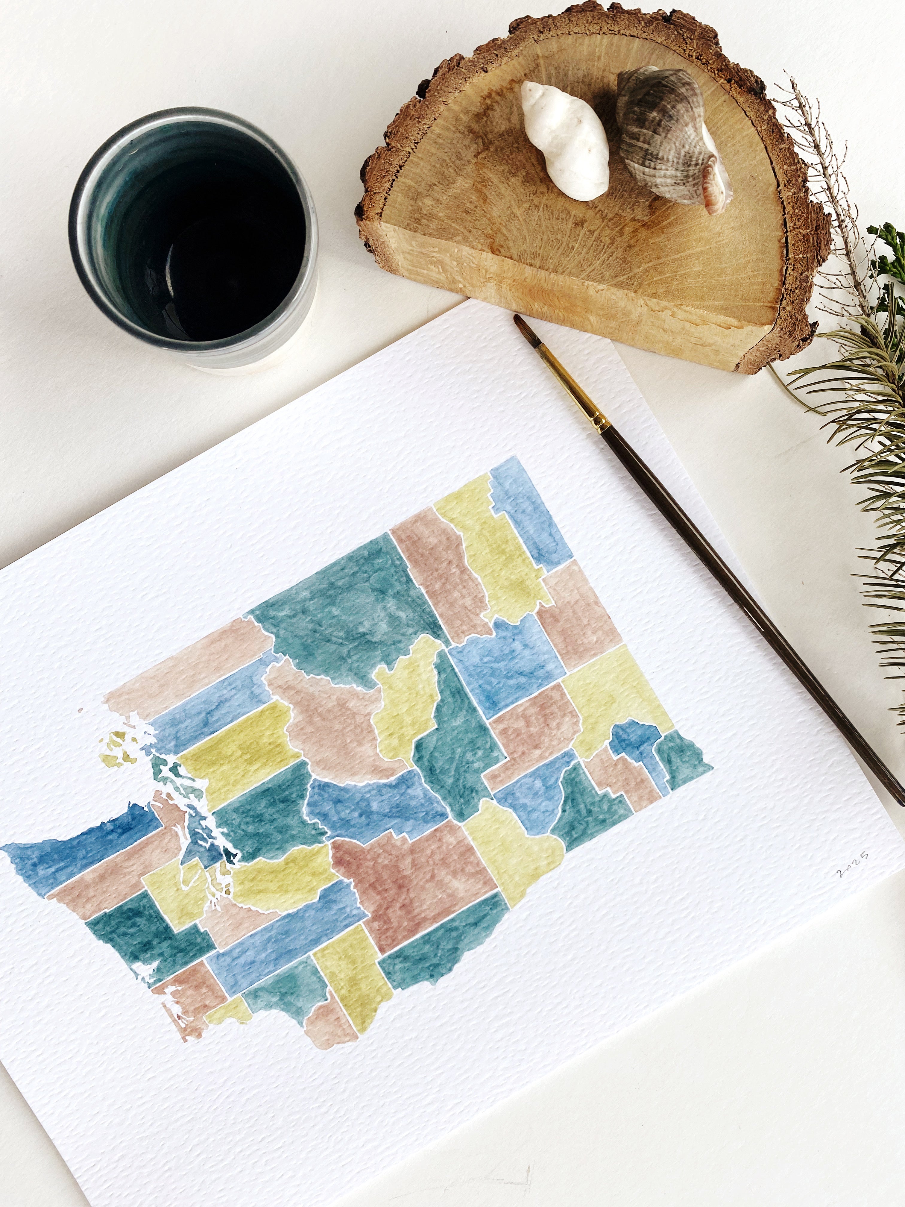 WASHINGTON State Counties Watercolor Map: PRINT