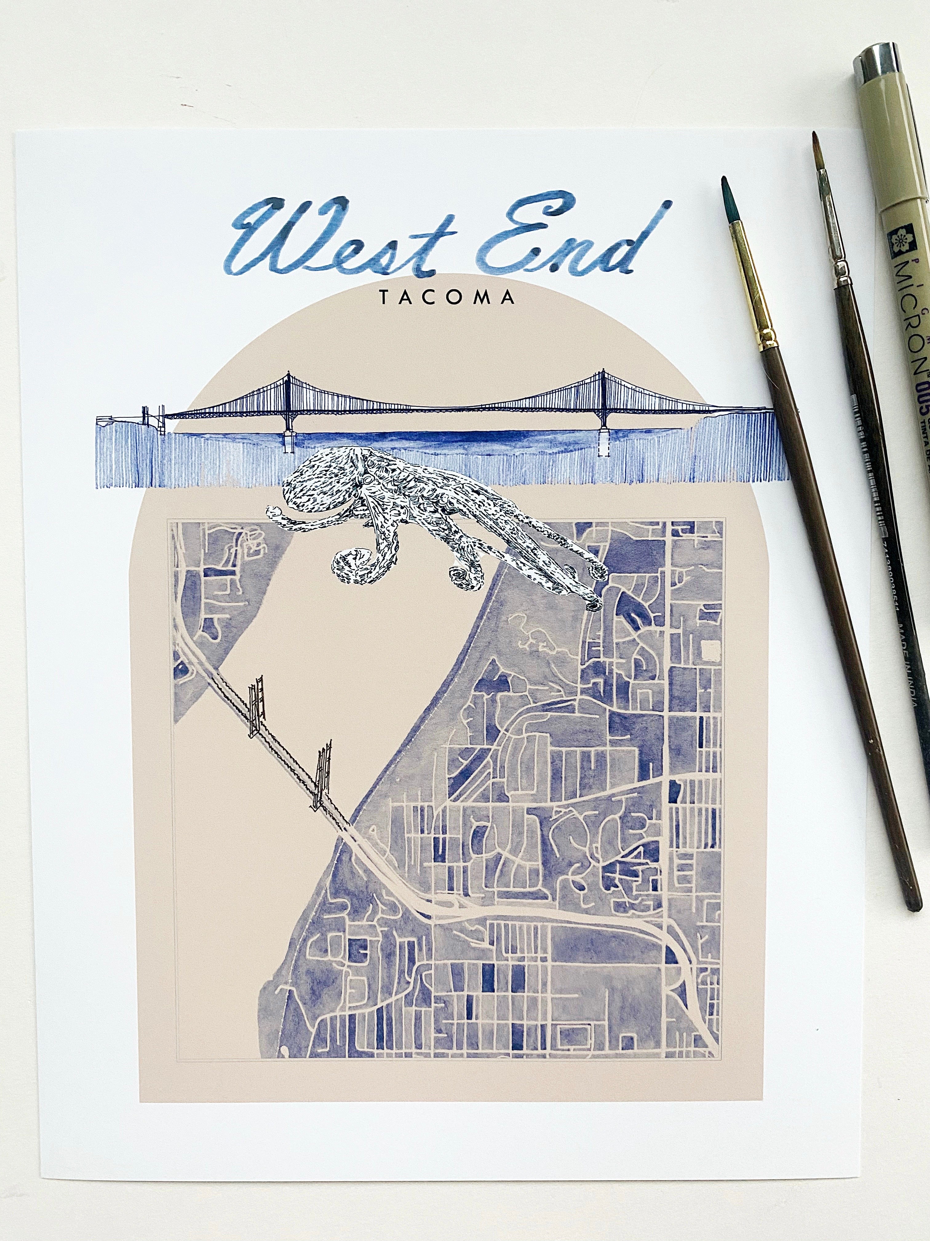 new WEST END TACOMA Neighborhood "Charms" Watercolor Map: PRINT