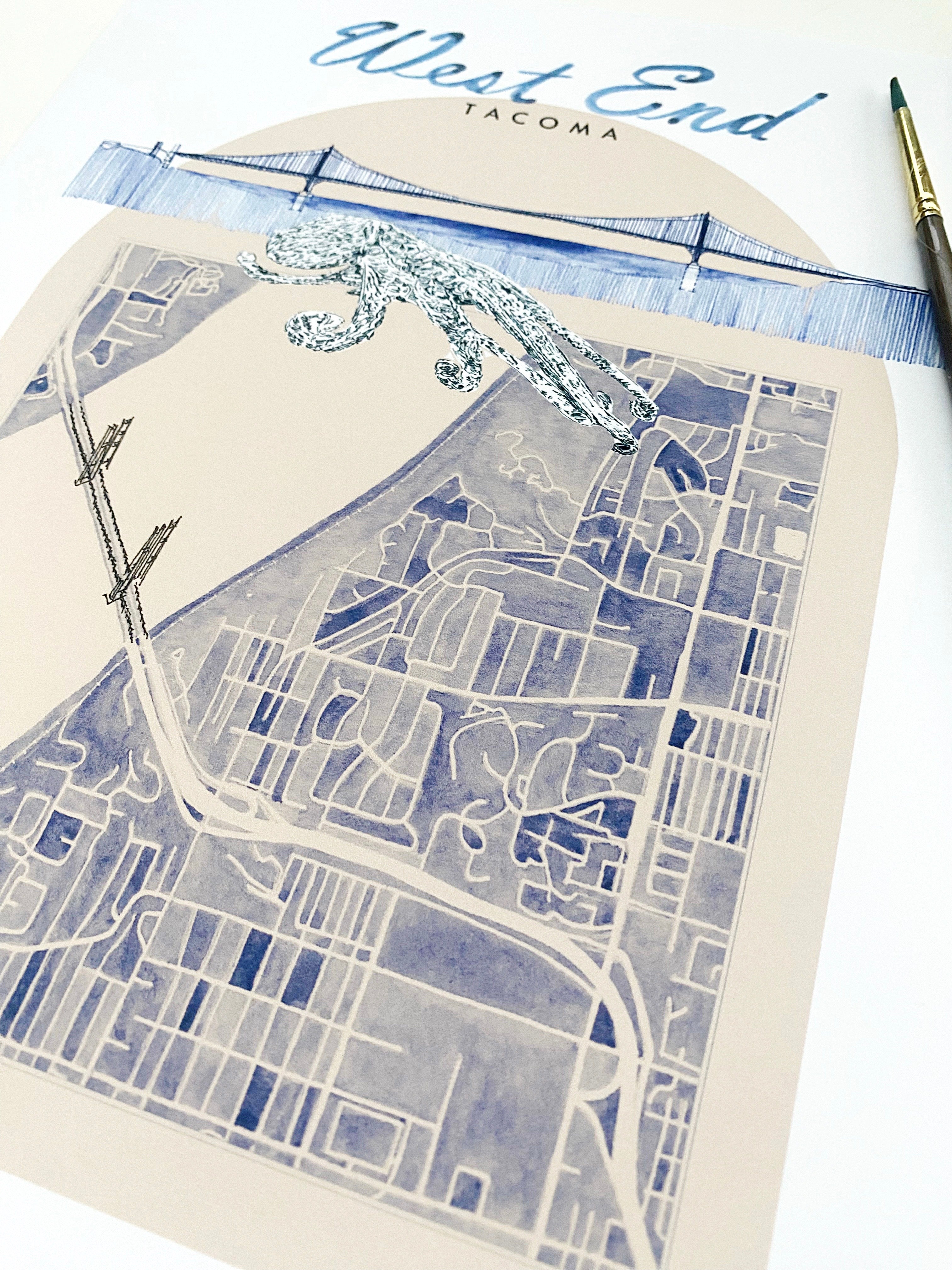 new WEST END TACOMA Neighborhood "Charms" Watercolor Map: PRINT