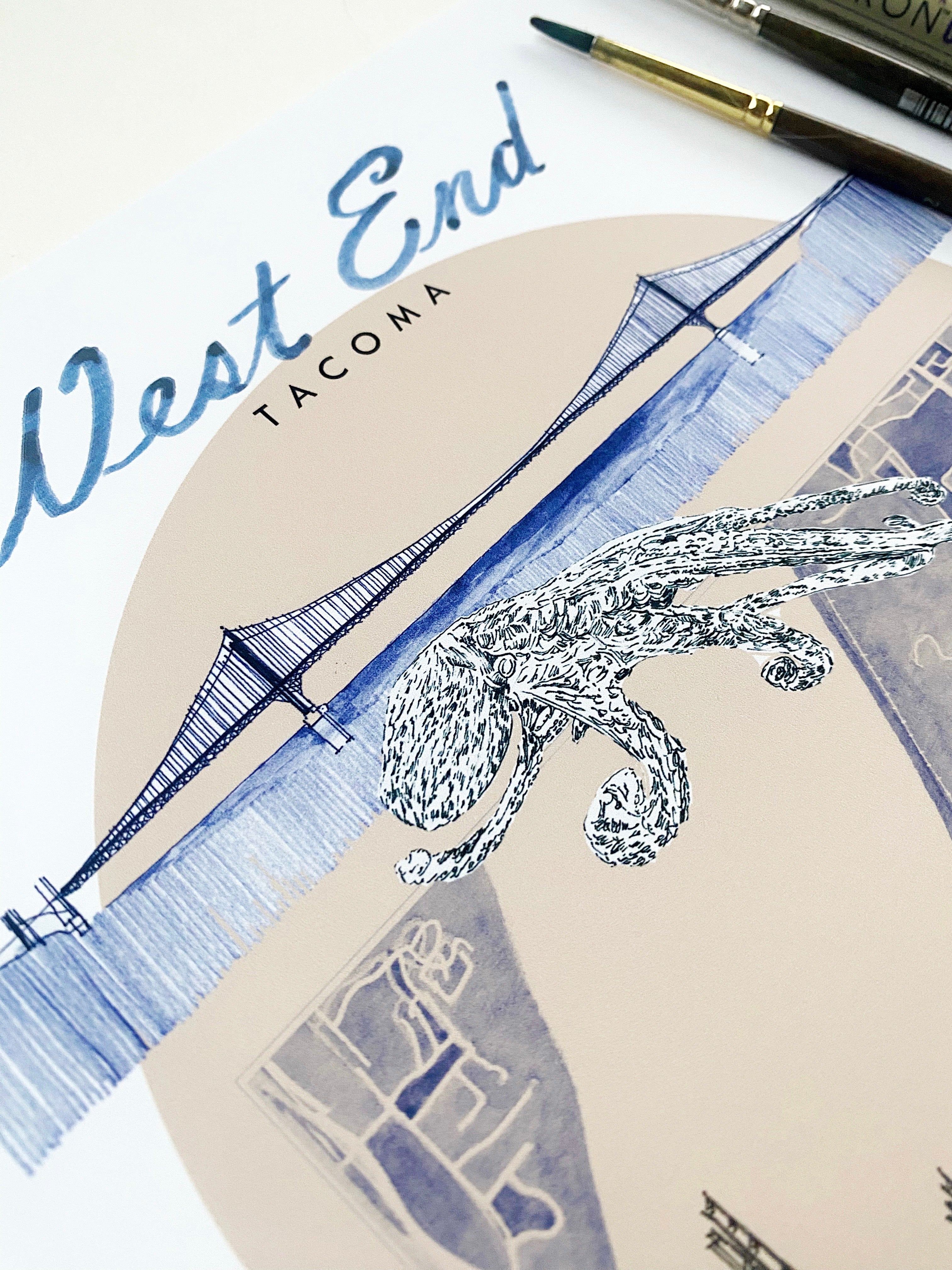 new WEST END TACOMA Neighborhood "Charms" Watercolor Map: PRINT