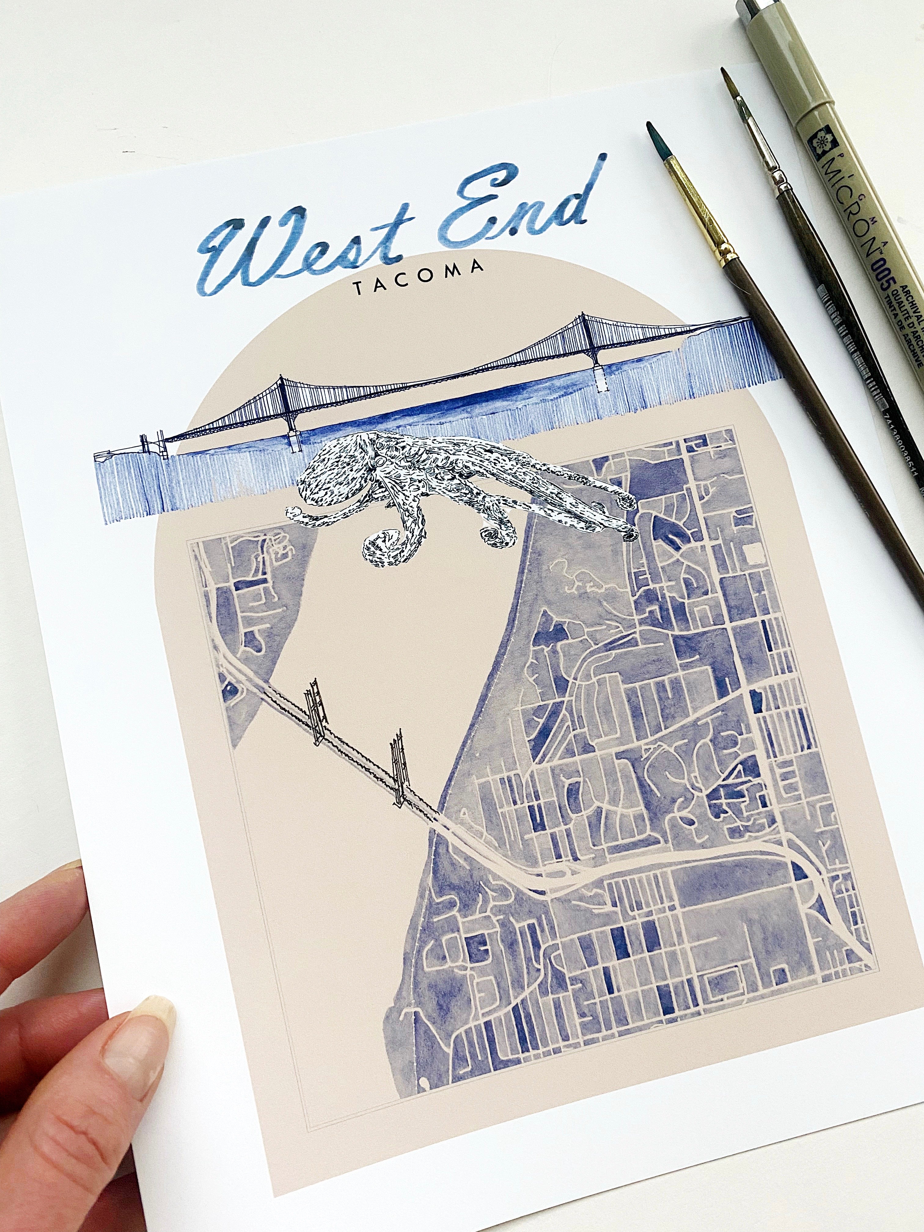 new WEST END TACOMA Neighborhood "Charms" Watercolor Map: PRINT