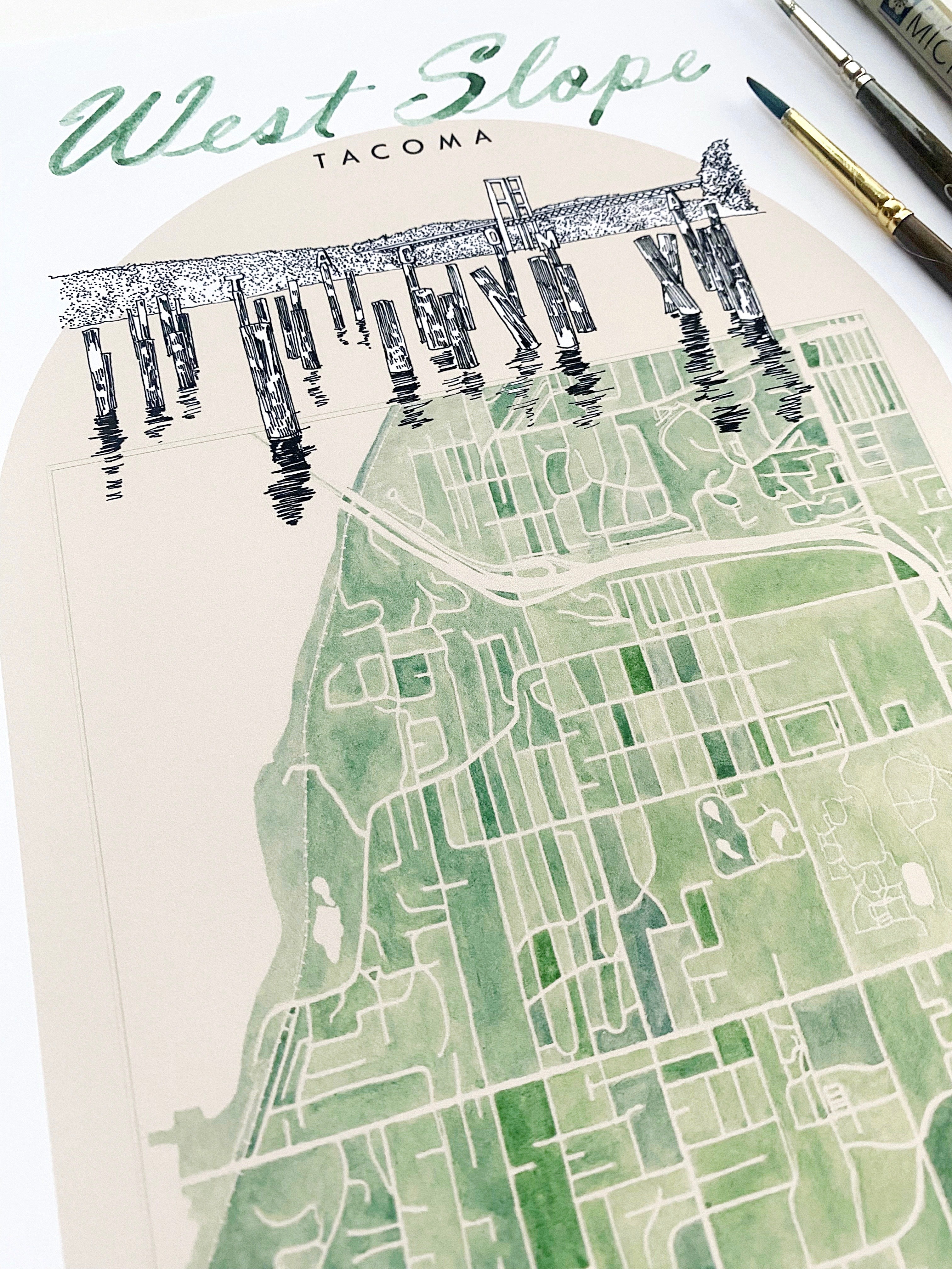 new WEST SLOPE TACOMA Neighborhood "Charms" Watercolor Map: PRINT