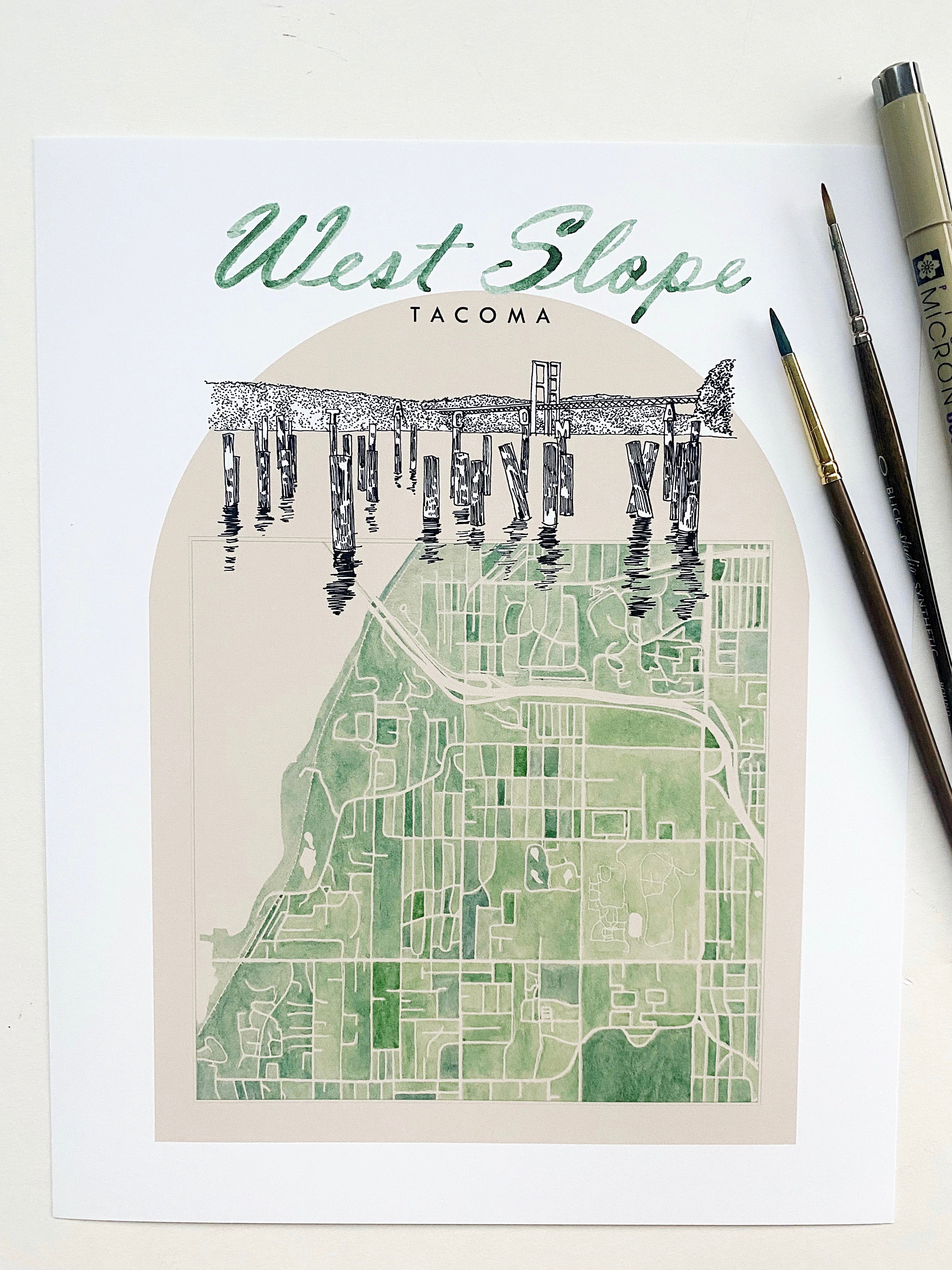 new WEST SLOPE TACOMA Neighborhood "Charms" Watercolor Map: PRINT