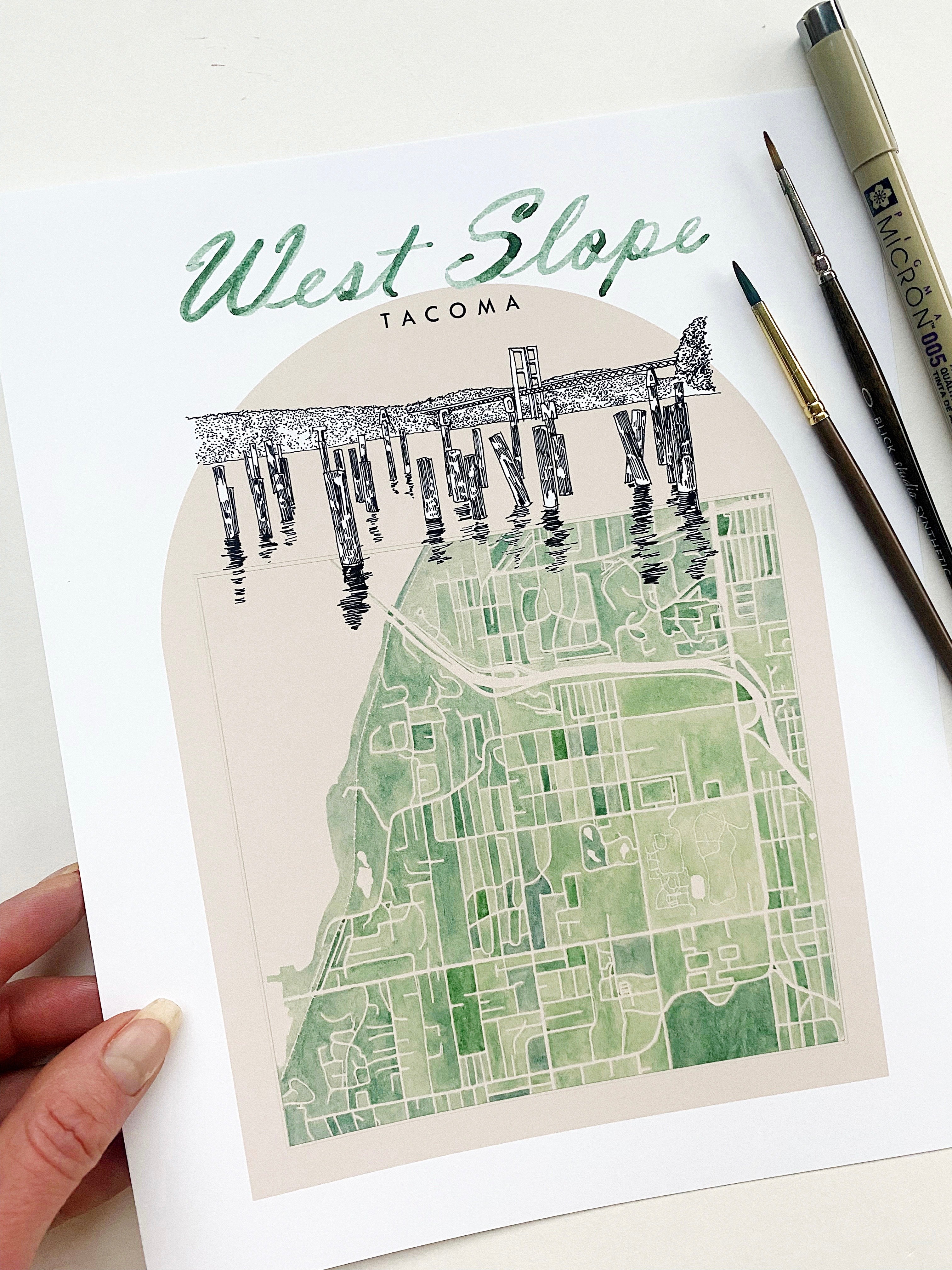 new WEST SLOPE TACOMA Neighborhood "Charms" Watercolor Map: PRINT