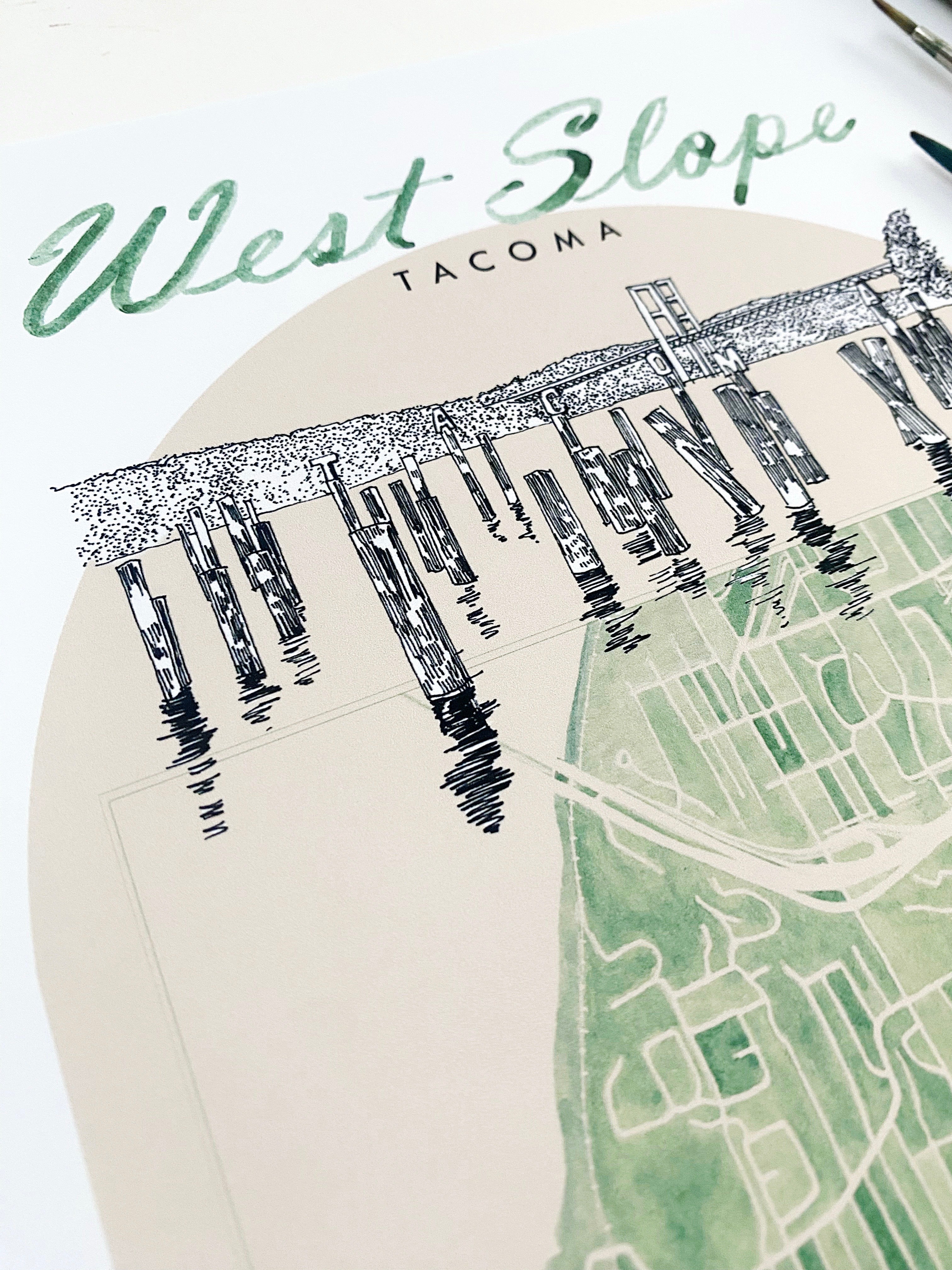 new WEST SLOPE TACOMA Neighborhood "Charms" Watercolor Map: PRINT