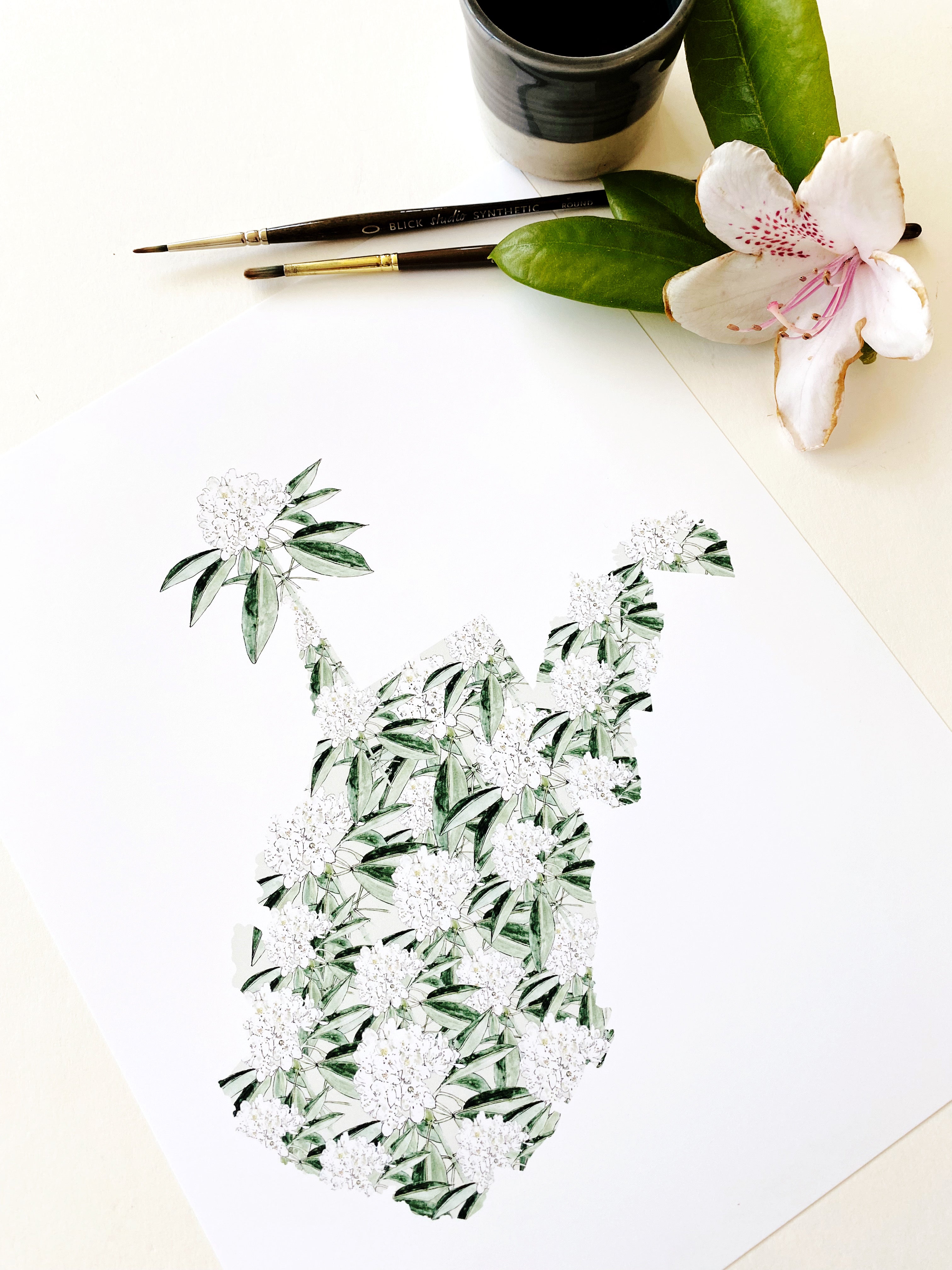 WEST VIRGINIA State Flower Map: Rhododendron: PRINT