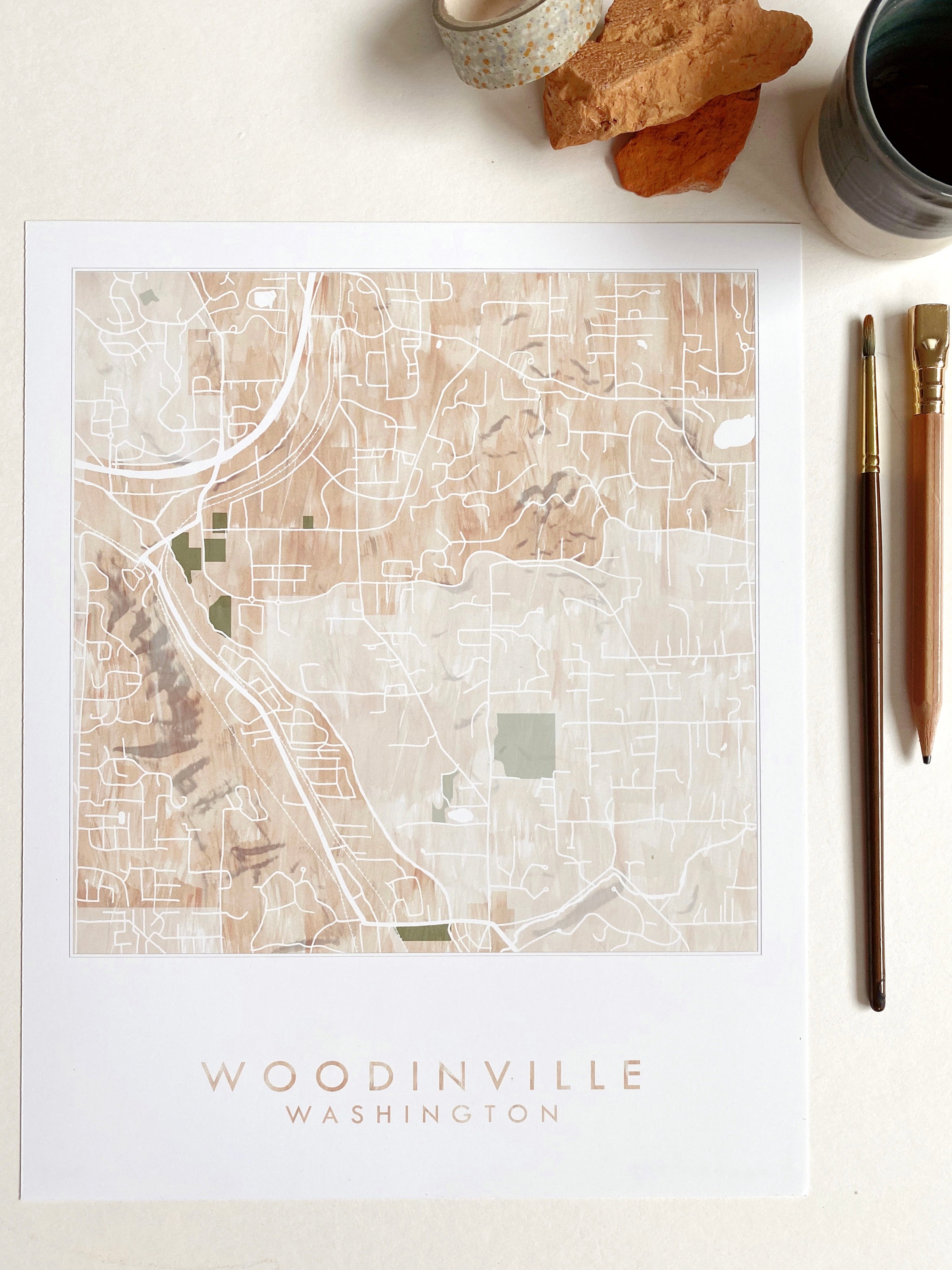 WOODINVILLE Washington Watercolor Wash Map: PRINT