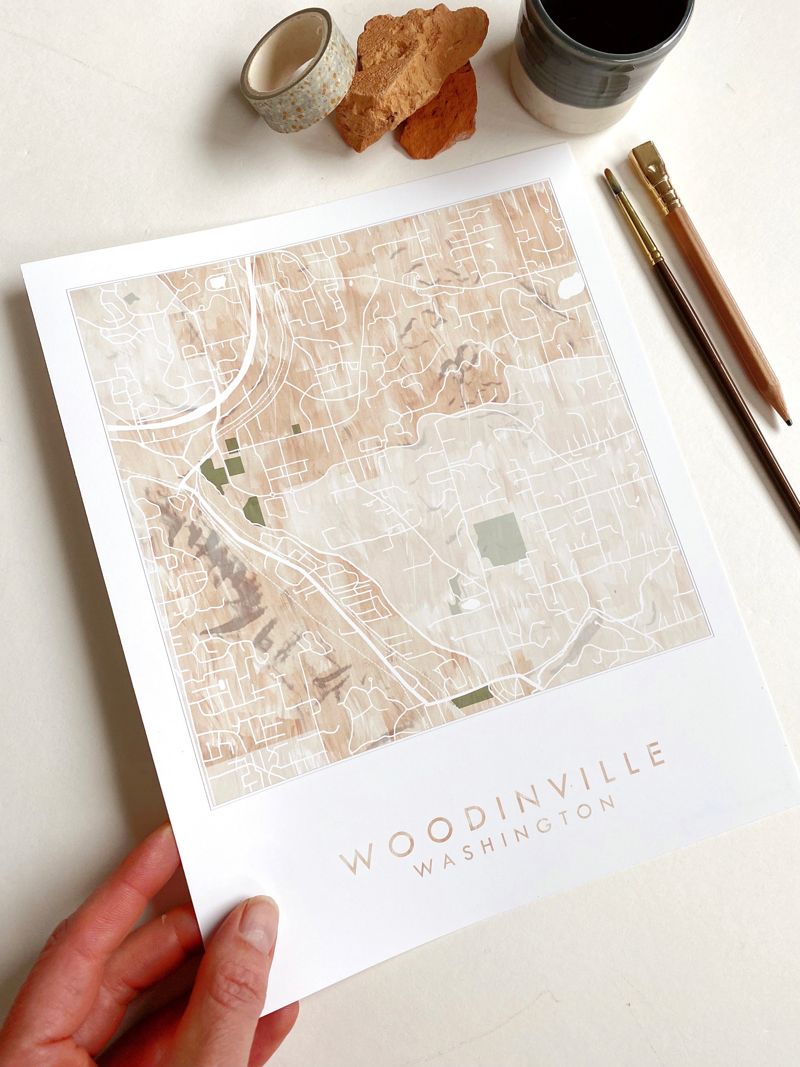 WOODINVILLE Washington Watercolor Wash Map: PRINT