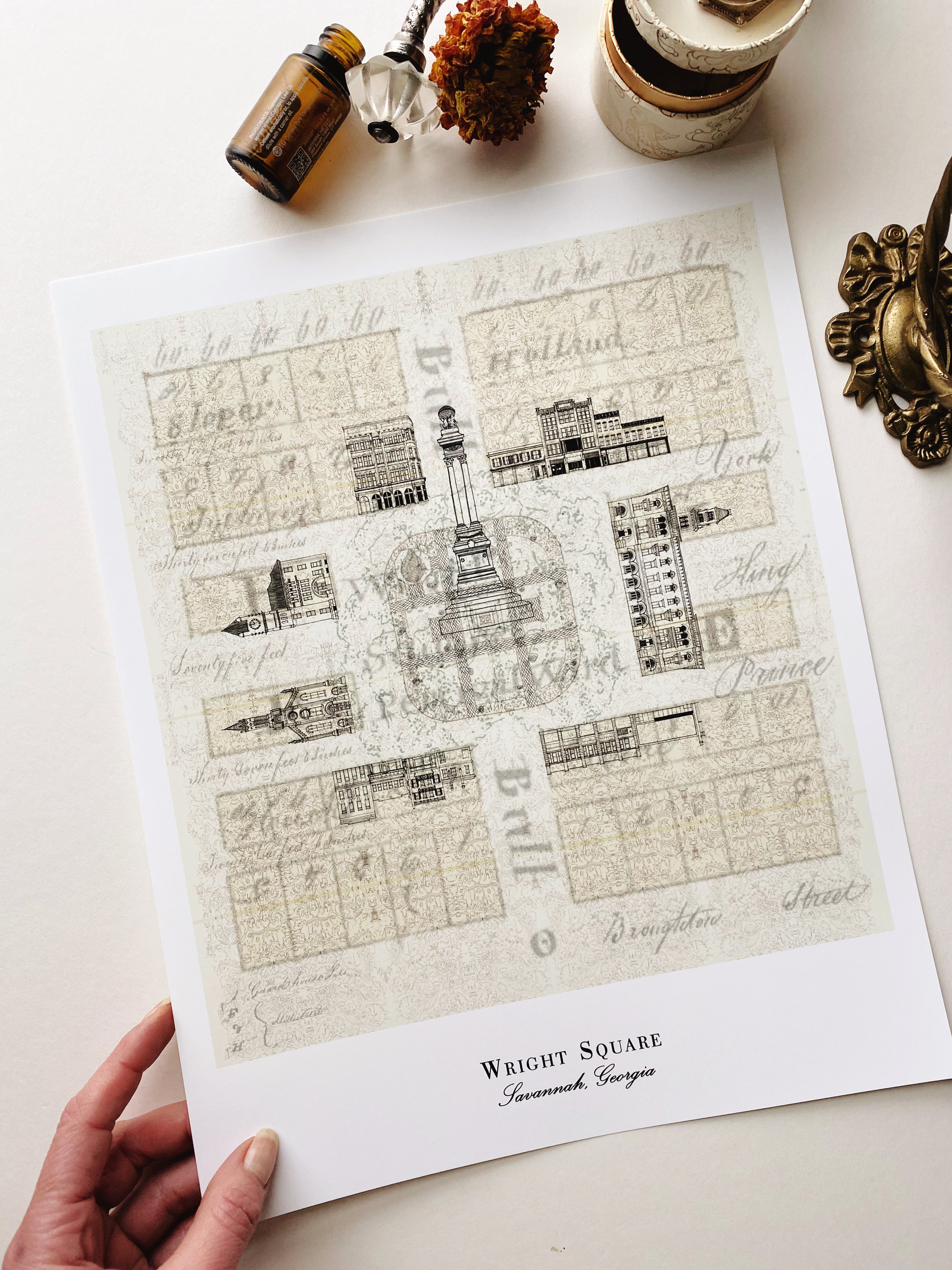 Savannah GA Wright Square Map-drawing: ART PRINT