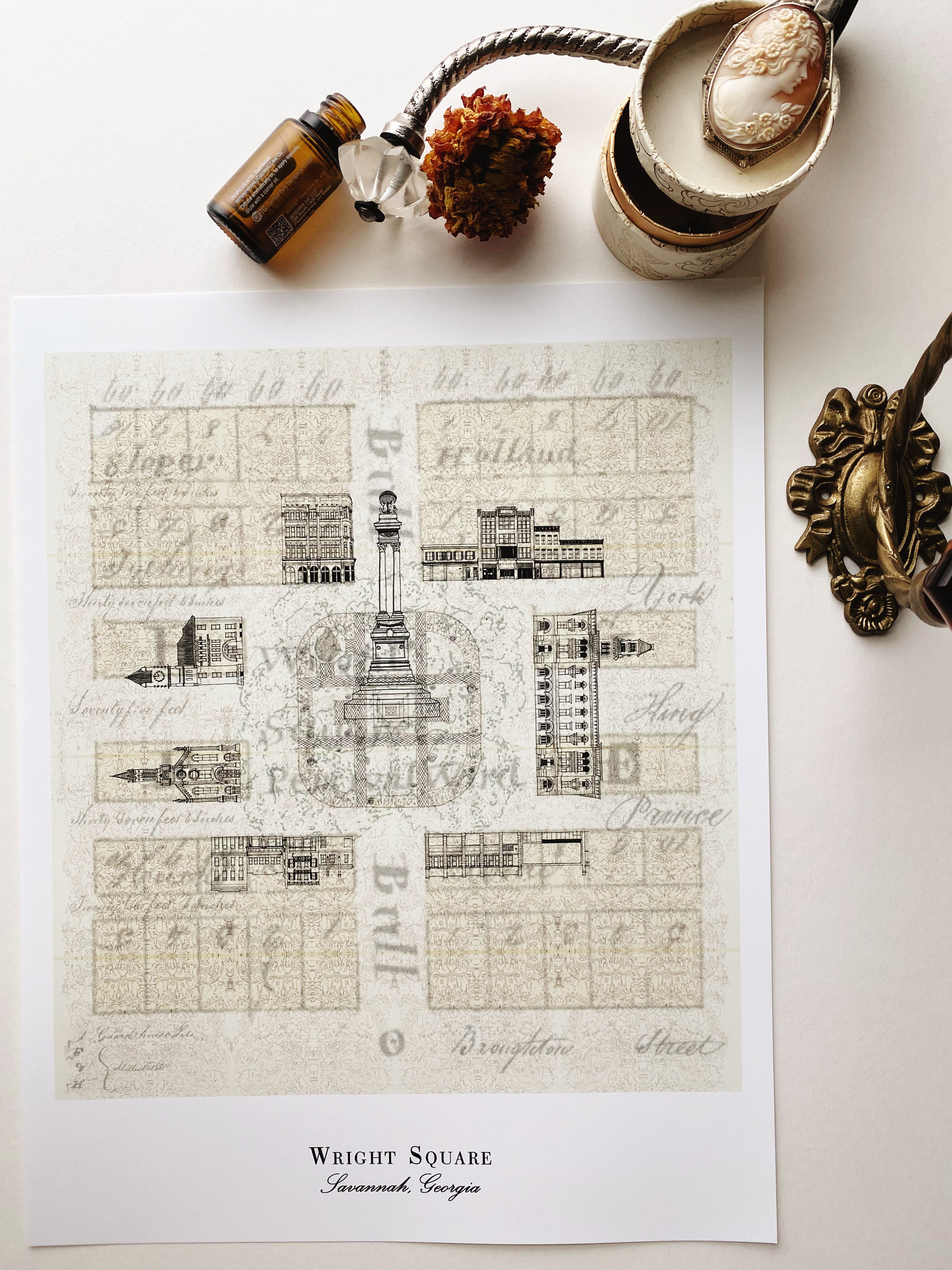 Savannah GA Wright Square Map-drawing: ART PRINT