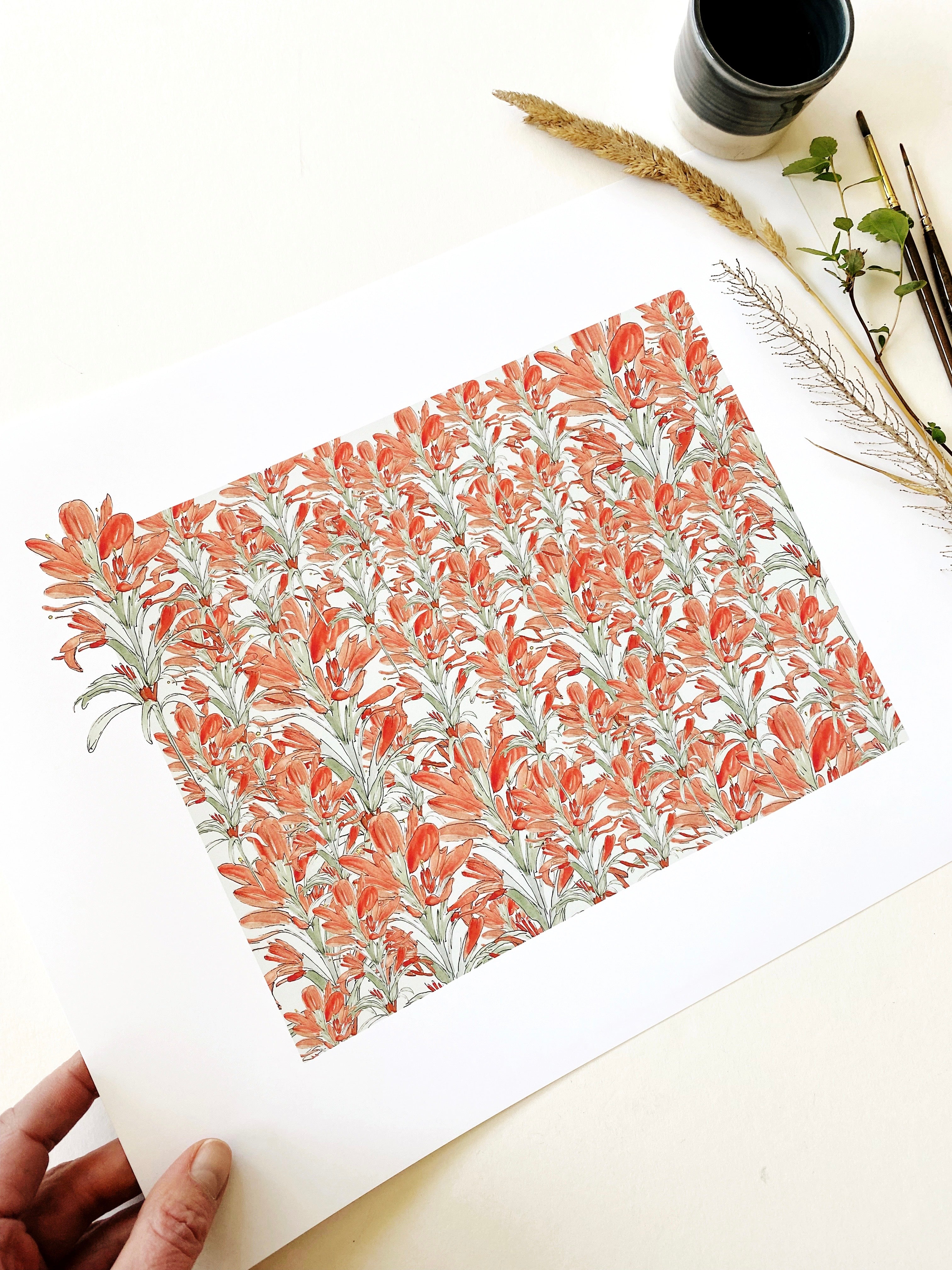 WYOMING State Flower Map: Scarlet Paintbrush: PRINT