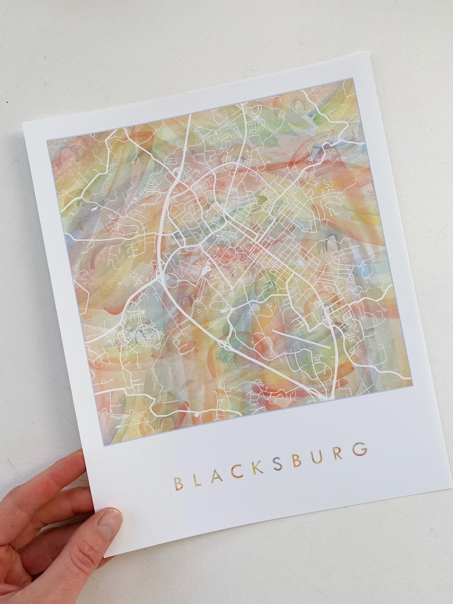 BLACKSBURG Pride Rainbow Watercolor Map: PRINT