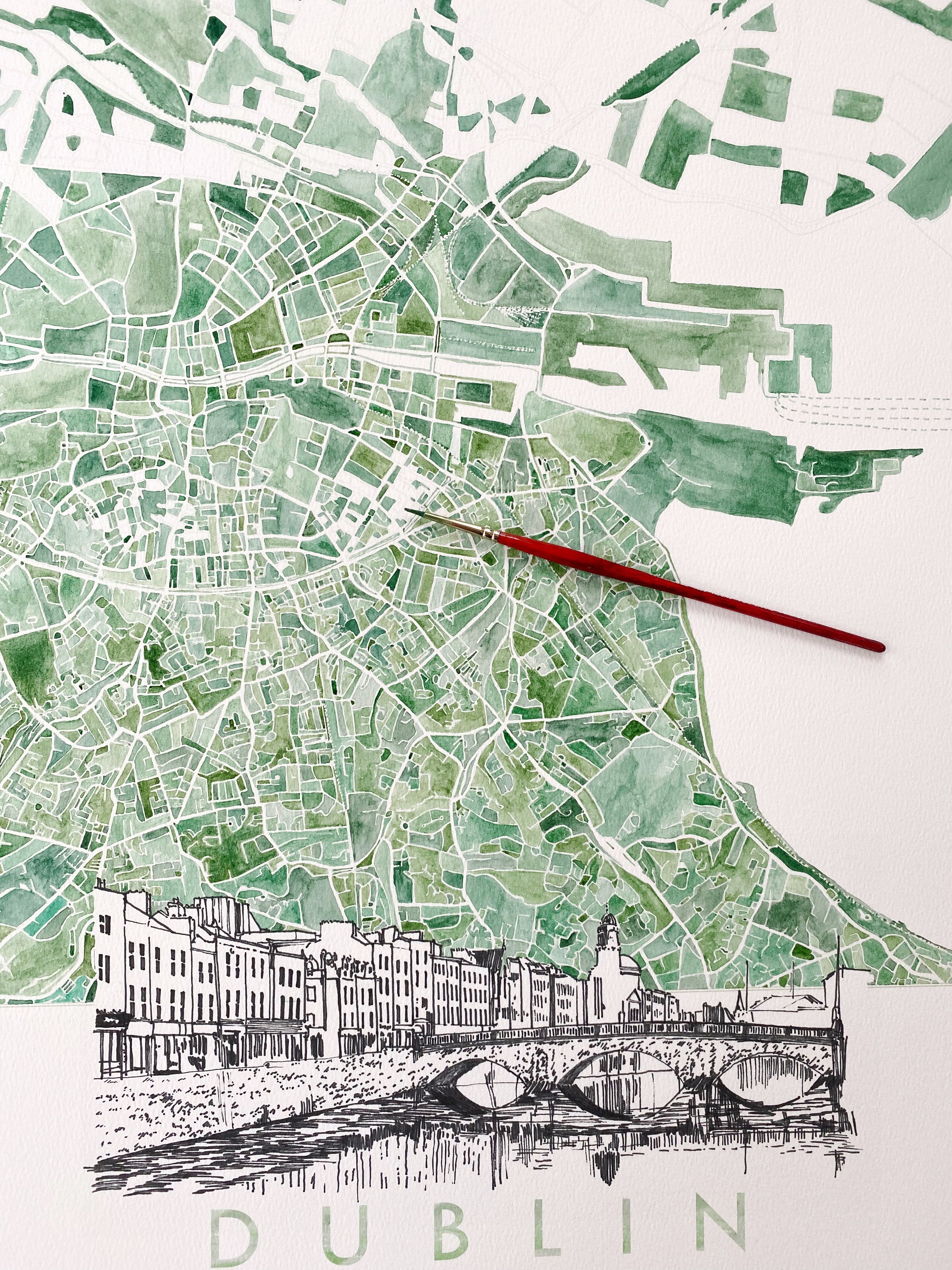 DUBLIN Watercolor Map + Sketch: PRINT