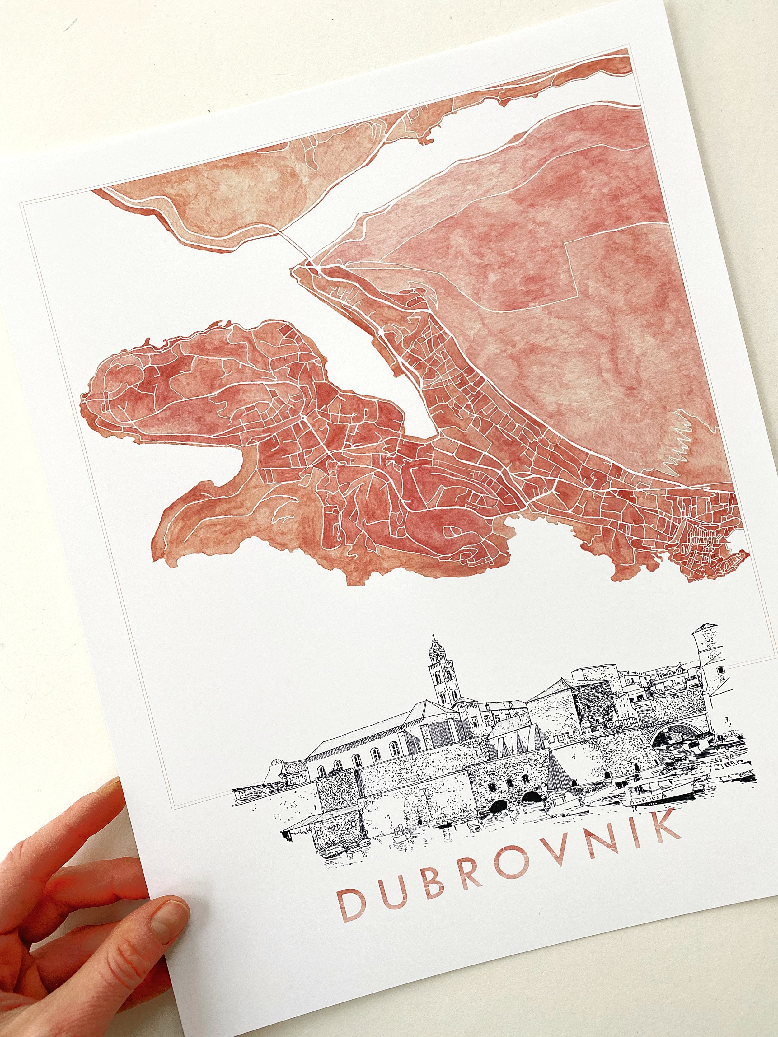 DUBROVNIK Watercolor Map + Sketch: PRINT