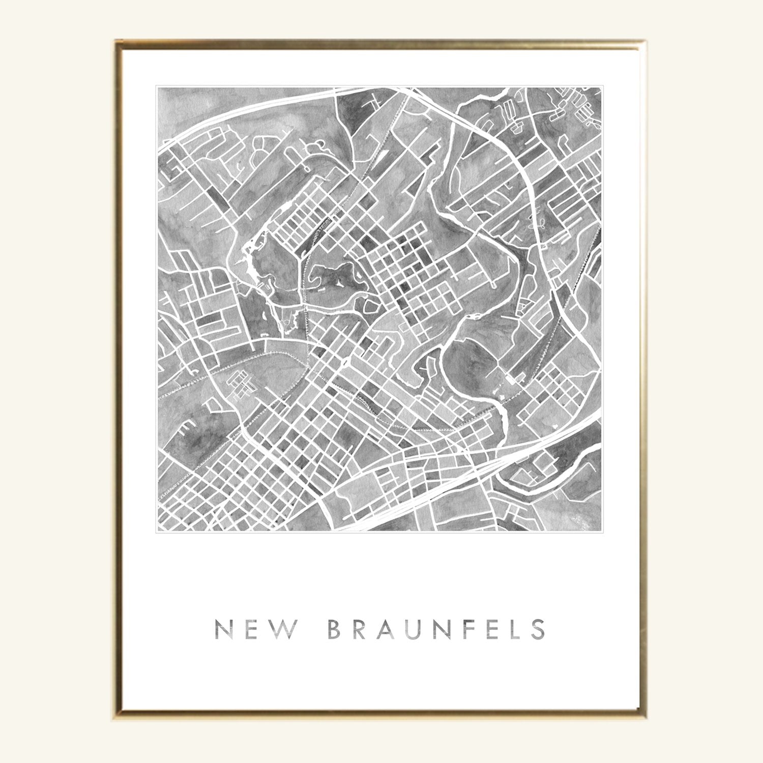 NEW BRAUNFELS Watercolor City Blocks Map: PRINT